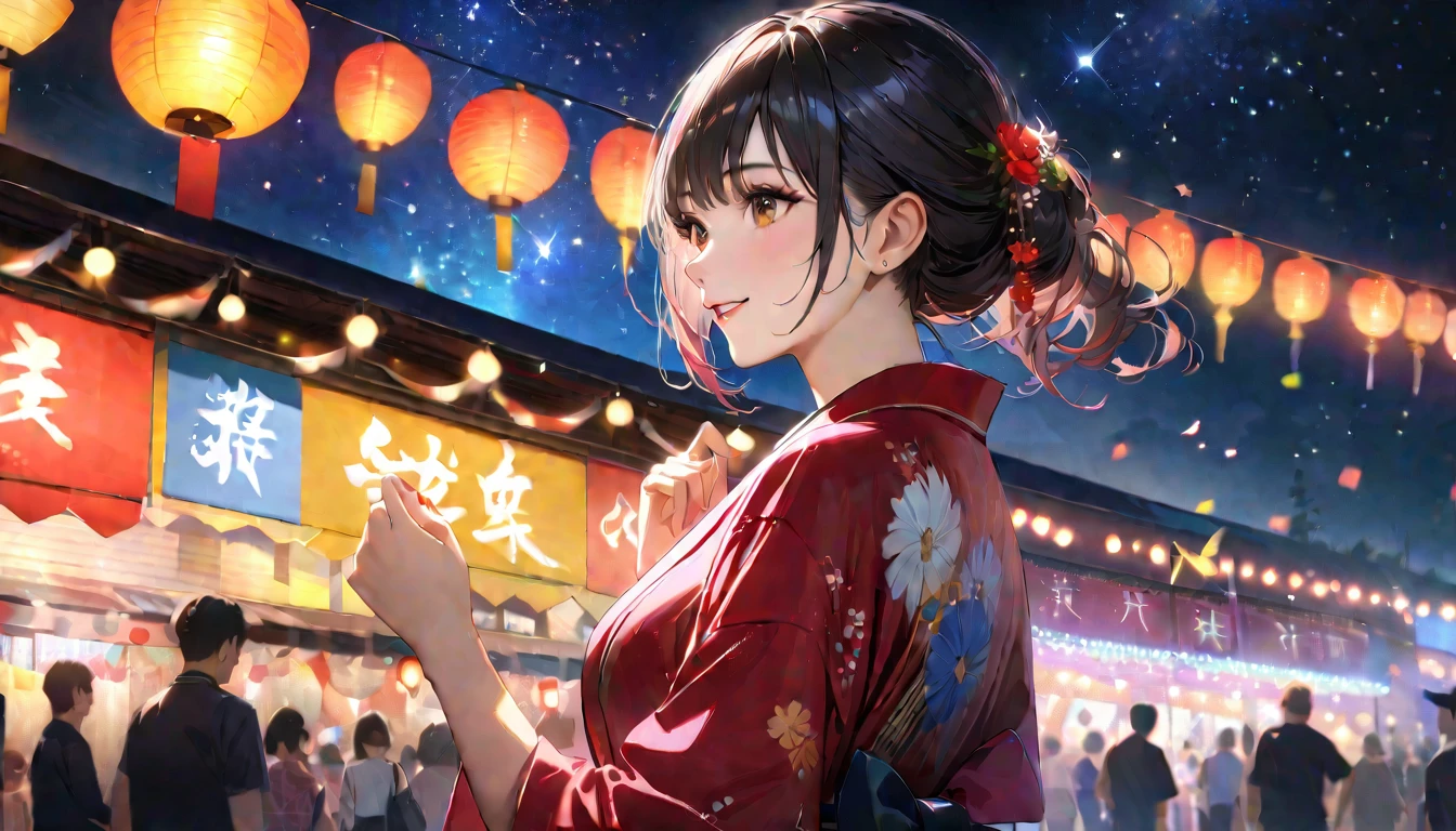 Summer festival,Date with her,night, Starry Sky,yukata,Gazing at the sky,high school girl,smile,Glitter effect,Highest quality, 8k, High resolution, masterpiece:1.2, Very detailed, Realistic:1.37, High resolution, 超High resolution, Ultra-fine painting, Very detailed, Professional, Vibrant colors