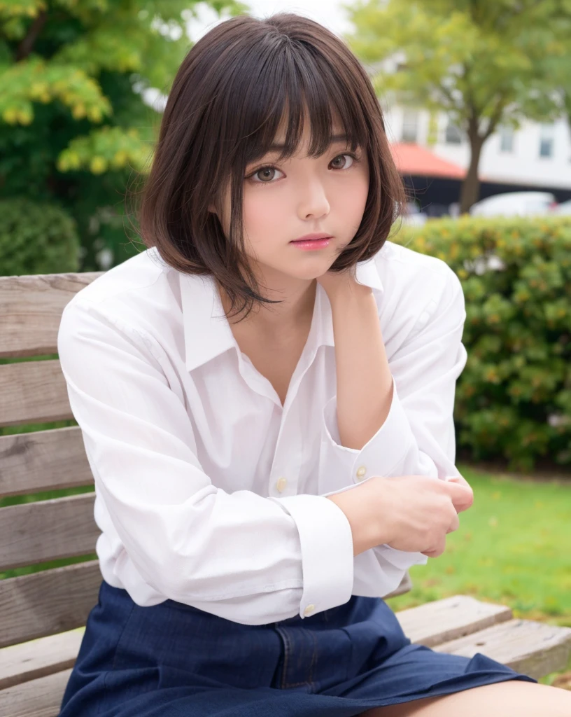 pureerosface_v1, best quality, photorealistic, 8k, high res, full color, 1girl, woman, 20 years old woman, (closed mouth:1.73), (skindentation), (portrait:0.6), trees, park bench, daylight, ((park background:1.52)), full color, ((whitebuttonedshirt:1.58)), looking at viewer:1.8, (1girl eyes looking at viewer:1.55), (medium hair, brownhair, partedbangs:1.45), (bokeh), 