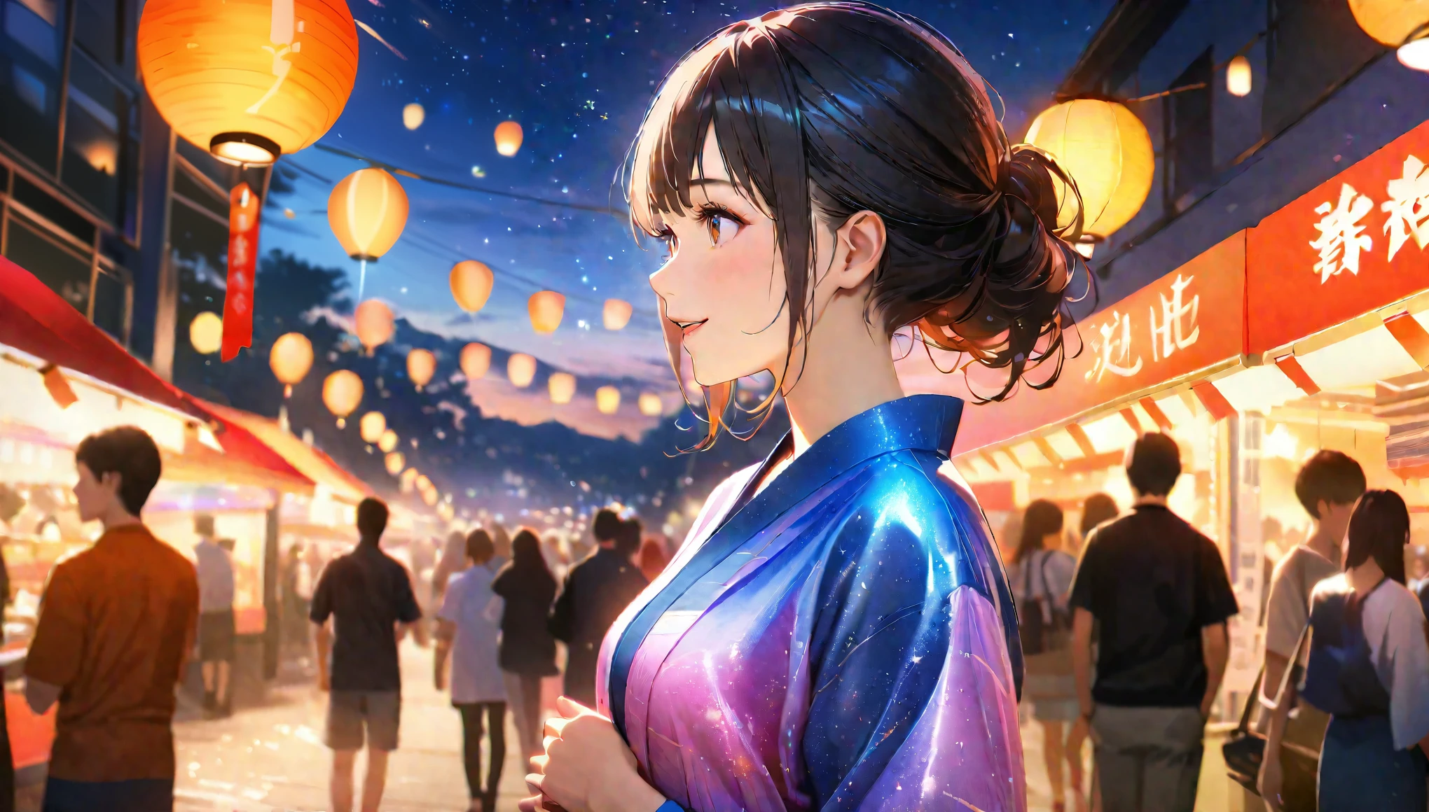 Young woman enjoying the summer festival,night, Starry Sky,yukata,Gazing at the sky,high school girl,smile,Glitter effect,Highest quality, 8k, High resolution, masterpiece:1.2, Very detailed, Realistic:1.37, High resolution, 超High resolution, Ultra-fine painting, Very detailed, Professional, Vibrant colors