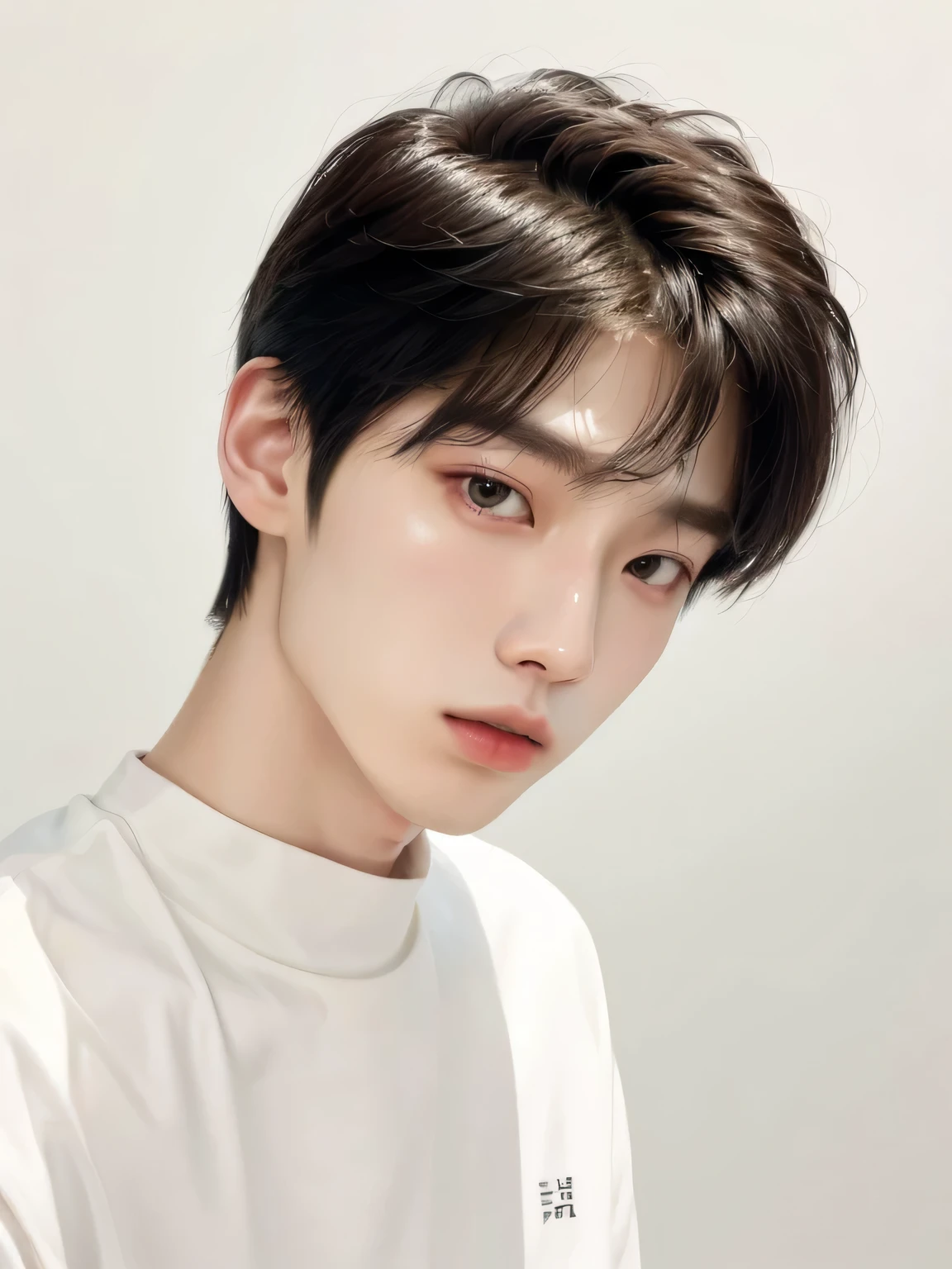 a close-up of a person wearing a white shirt and a white shirt, kim doyoung, Cai Xu Kun, Jung Jaehyun, jinyoung shin, jungkook, hyung tae, Taejune Kim, profile headshot, sometimes ulzzang, pale korean adorable face, with short hair, delicate androgynous prince, Yanjun Chengt, Sakimichan, korean artist sweet face