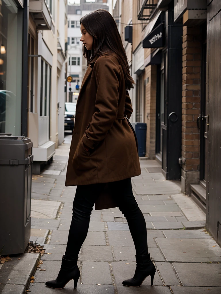 girl in profile in a brown long coat, black leggings and high black heels standing on the street, hands in pockets