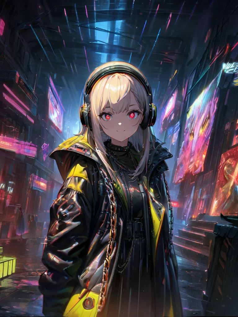 1 girl, chromatic aberration, Written boundary depth, Soft Light, masterpiece, Highest quality, complicated, Tone Mapping, Very detailed, Art Station, Concept Art, Smooth, Clear focus, Dramatic lighting, Very detailed artwork, movie, super practical painting, Art Station's trending, 8k, Incredible Shadows, practical, (Very detailed background:1.0), whole body, View, Viewers, Very detailed portrait of one girl 1, standing on street corner, Heavy rain and lightning、Dark Sky, neon and cyber punk background, she is dressed in punk clothing with silver chains and silver spikes, Her hair was dyed a bright golden color.,The middle part is black, She is wearing headphones, Detailed red eyes with clear pupils, Ominous aura of light, smile, punk, ciber punk, Backlight.There is an atmosphere、No knowledge of horses'tail、Her hair is tied back with a ribbon