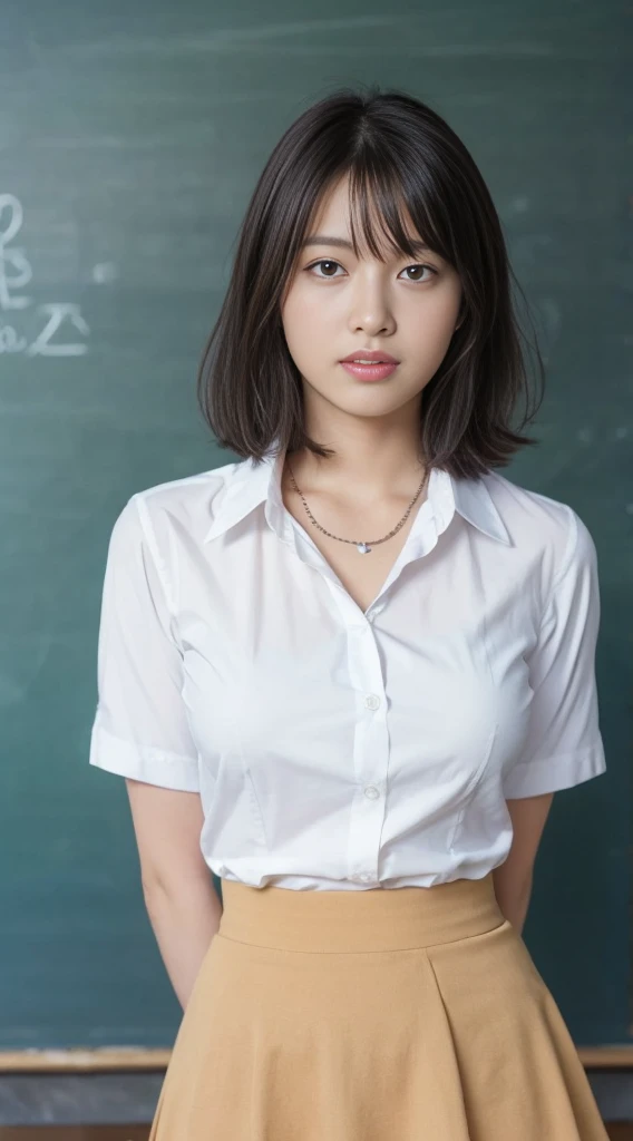 (Highly detailed CG Unity 8k wallpaper)、(masterpiece)、(Highest quality)、(Super detailed)、(Best illustrations)、(Best Shadow)、Ultra-high resolution、(Real、Photorealistic:1.2)、(student teacher:1.4)、messy short hair、(Large Breasts:1.4)、(A neat white shirt and a tight skirt:1.4)、((sit at a desk in the classroom:1.4))、(School classroom:1.4)、(Cute Necklace:1.2)、Puffy eyes、Close-up、Cloudy soft light、(Upper Body:1.4)