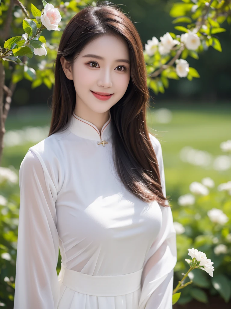 girlcuchoami, 1 Girl, Smile, Ao Dai White, Photography Art, flower, A stunning photo，High color saturation, Ultra-high resolution,(Practical:1.4)),Deep Shadows,(best quality, masterpiece), Pale skin, Dark, In the shade, flurry, blush, Very detailed, Skinny, Break the depth of field, Film Grain, Skin wrinkling, Looking at the audience, knee, warm Smile, (Upper Body), masterpiece,ultra Practical,32k,Extremely detailed CG unity 8k wallpaper, best quality，((Full breasts：1.5))Full breasts，（Huge breasts：1.5）Huge breasts，Breast augmentation