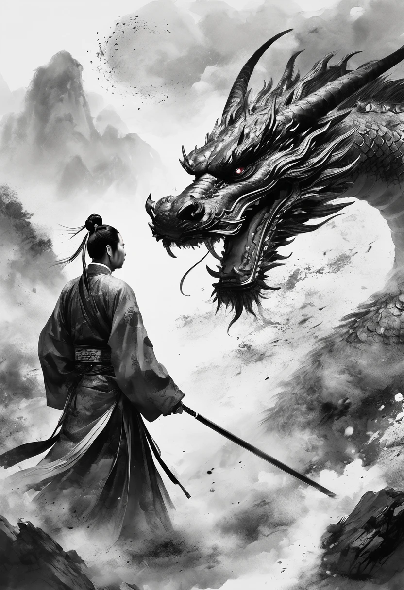 Epic Song Ink Shot，Chinese warrior in Hanfu fights a dragon，POV perspective，the first person，Traditional Chinese ink painting style，Exaggerated perspective，breathtaking moment，8K，Simple style，Style Wu Guanzhong