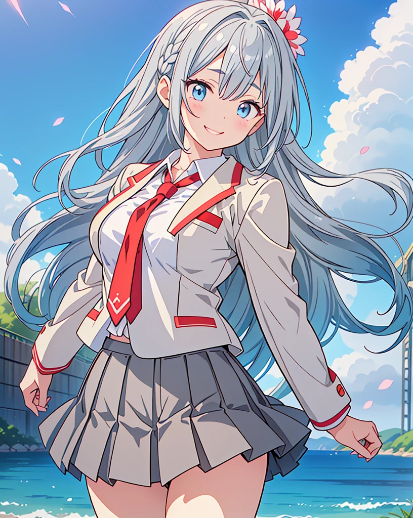 (Highest quality, 32k, High resolution, Masterpiece:1.5, ), One Girl, Cute anime-style illustrations, god々It has a brilliant and healing power., , Expressing emotions, Have a rich imagination, Cute Japanese Girls, Perfect Human Anatomy, Big light blue eyes, Motherhood and generosity, Deep Love, ((A gentle smile:1.6)), Shiny blue hair, Ponytail swaying in the wind, Asymmetrical bangs, Hair between the eyes, Transparent, soft white skin, Sharp eyebrows, Thin lashes, Natural Makeup, Cheek highlighter, Detailed and cute lips, (Grey blazer with red tie:1.2), ((Grey pleated skirt:1.2)), Slim figure with ample breasts, Beautifully detailed skies, ((Vibrant petal effect:1.2)), god秘的