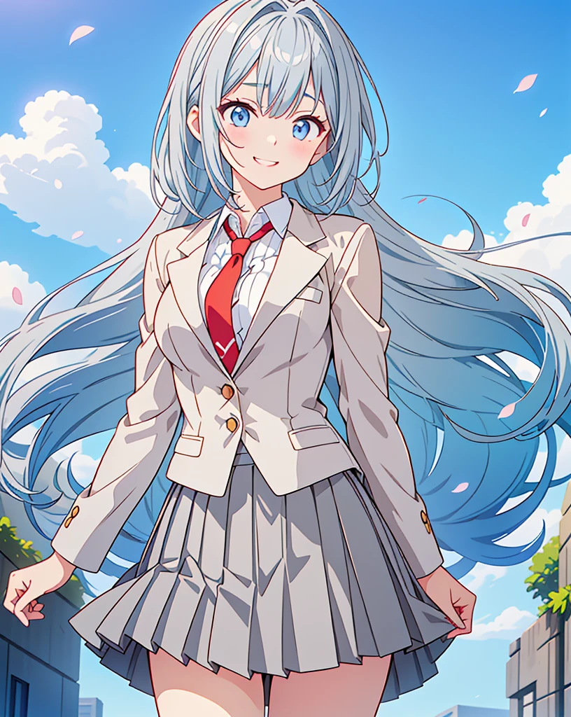 (Highest quality, 32k, High resolution, Masterpiece:1.5, ), One Girl, Cute anime-style illustrations, god々It has a brilliant and healing power., , Expressing emotions, Have a rich imagination, Cute Japanese Girls, Perfect Human Anatomy, Big light blue eyes, Motherhood and generosity, Deep Love, ((A gentle smile:1.6)), Shiny blue hair, Ponytail swaying in the wind, Asymmetrical bangs, Hair between the eyes, Transparent, soft white skin, Sharp eyebrows, Thin lashes, Natural Makeup, Cheek highlighter, Detailed and cute lips, (Grey blazer with red tie:1.2), ((Grey pleated skirt:1.2)), Slim figure with ample breasts, Beautifully detailed skies, ((Vibrant petal effect:1.2)), god秘的