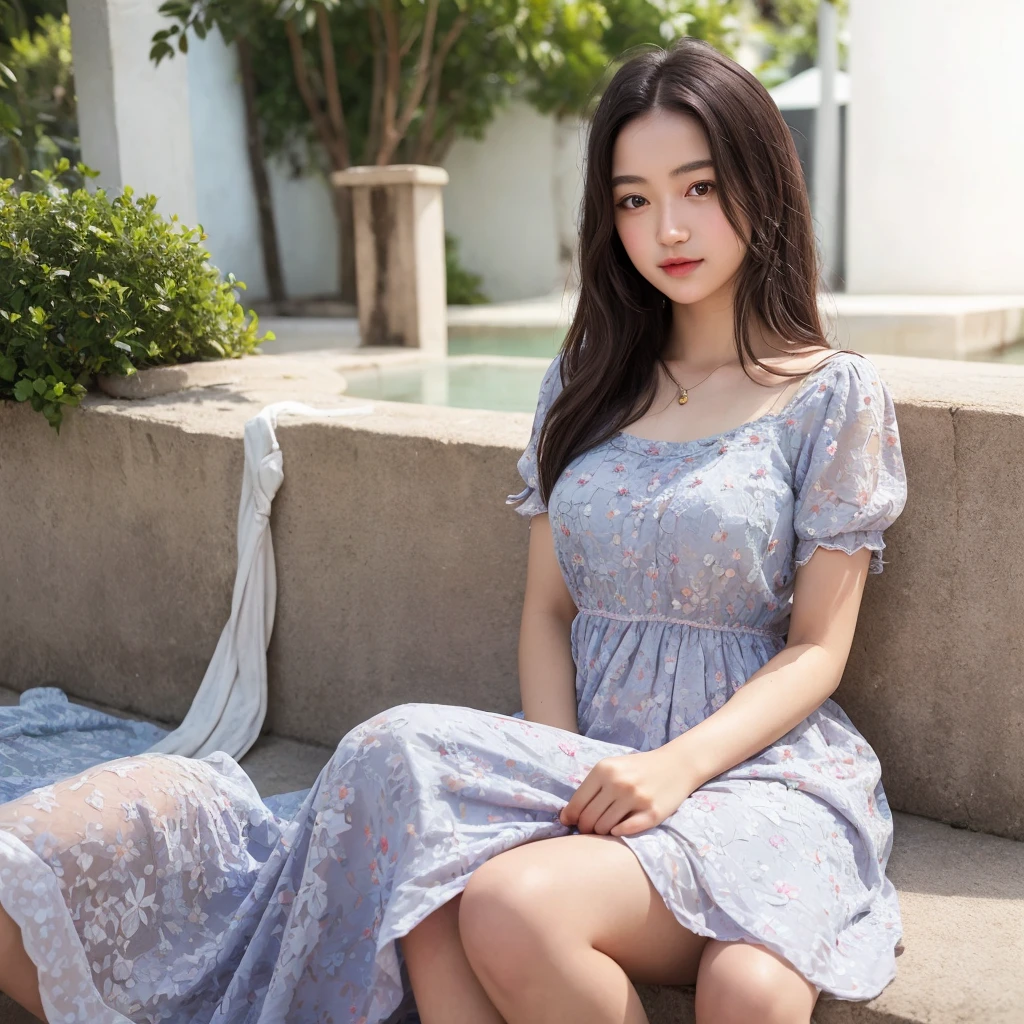 instagram photo,upscale(2), ordinary photography, realistic a woman 20 year old a potrait Notchika wearing beautiful summer dress , 35mm, medium shot