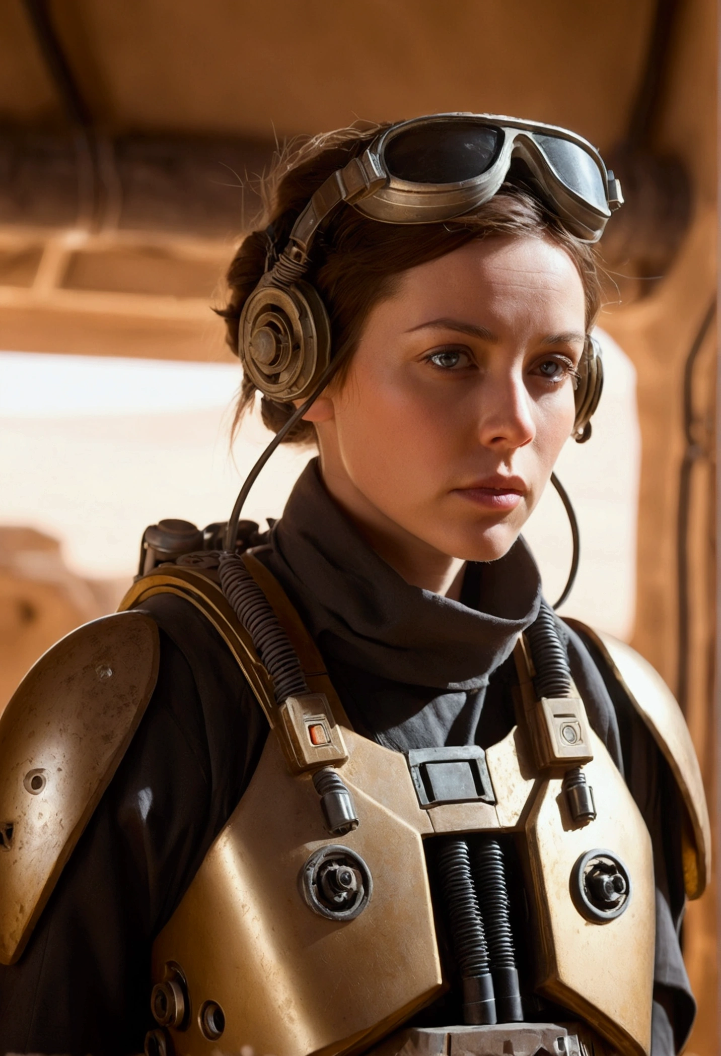 alone, alone focus, Masterful close-up portrait of a woman in tactical gear in a Tatooine building, light rays, Etchant, mechanical parts, wiring, droid, Metallbacke