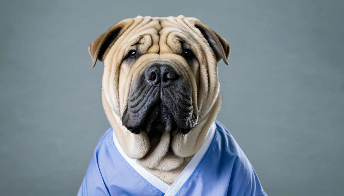 Portrait of a shar pei dog dressed in medical scrubs