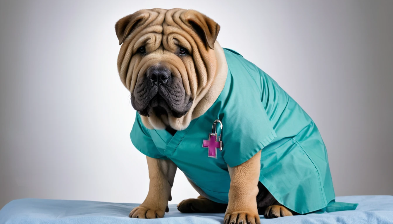 Portrait of a shar pei dog dressed in medical scrubs