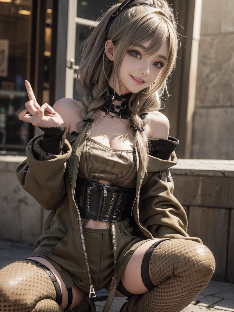 (Smiling with teeth showing:1.3),(Shibuya Gal:1.5)、(Beautiful:1.5)、(Neo-goth fashion:1.5)、(Punk RockVisual Kei:1.5)、(An off-the-shoulder hoodie in khaki and brown with delicate silver accessories.:1.5)、(A corset with a delicate beige and brown design:1.4)、(Dark grey, khaki and brown snakeskin bodysuit:1.5)、(Snake print headband:1.3)、(Beige and charcoal knee socks:1.4)、Embellished collar and long boots、(I'm selling snake print underwear.:1.4)、(Long eyelashes:1.3)、(20-year-old)、((Highest quality、8k、masterpiece:1.3))、1 Female、Slim and beautiful abs:1.3、(hairstyle casual、Beautiful boobs:1.1)、(Doing an aerobics pose:1.3)、dress:1.1、Super small face、Narrow eyes、double eyelid、A sloppy smile、Esbian all over body、Dynamic Angle、Close-up、CPL Filter、Blurred Background、Bokeh、Blue Hour、Detailed face and skin texture、Detailed eyes、,(Twin tails:1.3)、(Black brown hair:1.3)、Gravure idol、(The background is a glamorous dance hall:1.3)、(Make your legs thinner:1.4)、(Slim Body:1.3)、(clavicle:1.1)
