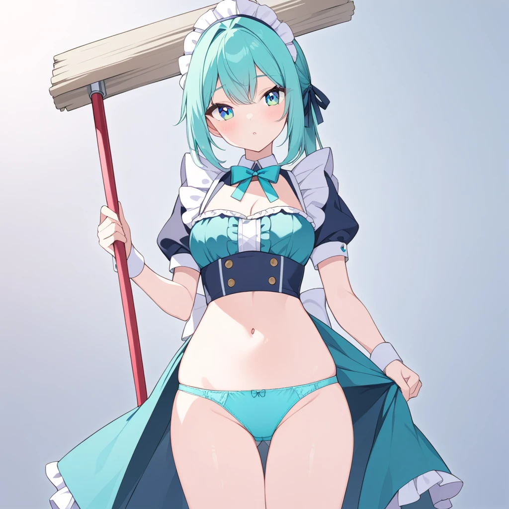 Clear for content,maid girl,high quality,teal hair,teal eyes,teal maid dress,teal panties,holding mop,wonder face