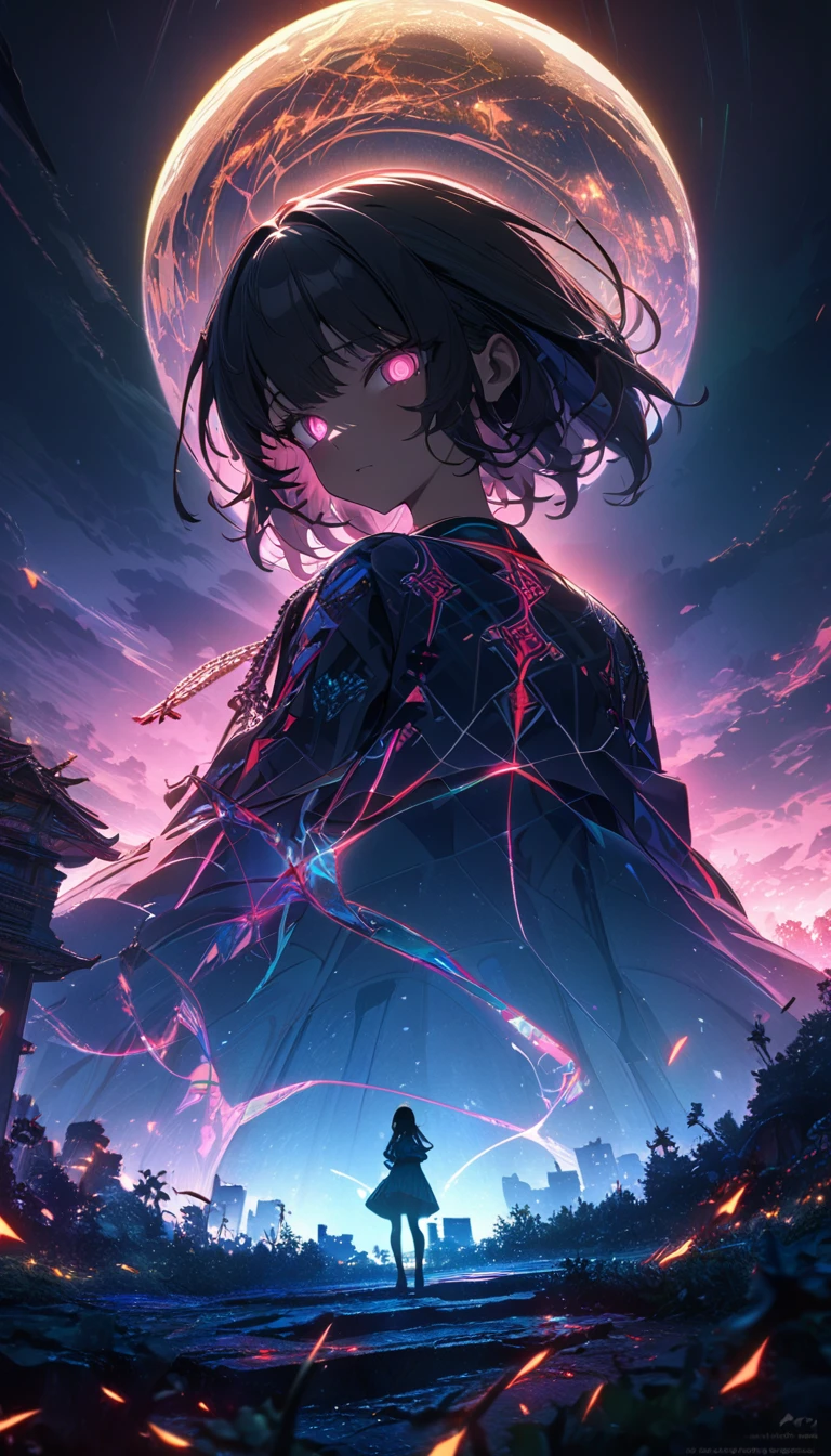 ((masterpiece, best quality)), very aesthetic, ultra detailed, intricate details, highly detailed, UHD, HDR, 8K, perfect face, Silhouette creepy highschool girl in part at night with glowing eyes, night, atmosphere, detailed background, neat and clean, thin lines, vibrant environment background, (newest anime art style)