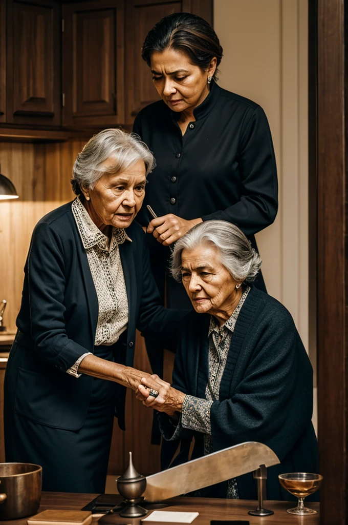 Old woman stabbing her assistant