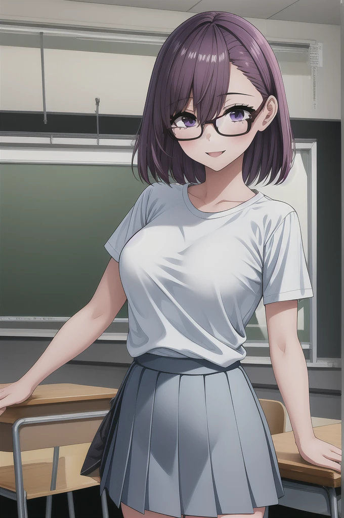 1girl, cowboy shot, classroom, smile, glasses, 
nitengojigen_ririsa, purple eyes, purple hair, short hair, bangs, , short sleeves, white shirt, pleated skirt, best quality, masterpiece, highres, 