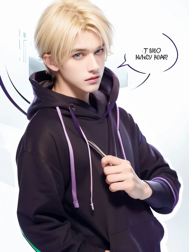 Handsome boy, comma hair style, blonde hair, ( green eyes 2.1 ) Wearing a purple hoodie, 16 year old 