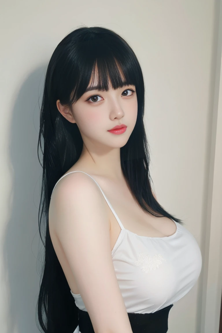 ulzzang-6500-v1.1,(raw photo:1.2),((photorealistic:1.30)), ((best quality)) ,((masterpiece)),((Ultra High Resolution)), ((Clear View)),,Ultra-high resolution,Clear face,（Reality：1.4) ,  illustration, an extremely delicate and beautiful, extremely detailed ,CG ,unity ,8k wallpaper, Amazing, finely detail, masterpiece,best quality,official art,extremely detailed CG unity 8k wallpaper,absurdres, incredibly absurdres, huge filesize, ultra-detailed, highres, extremely detailed,beautiful detailed girl, extremely detailed eyes and face, beautiful detailed eyes,light on face,cinematic lighting,1girl, 独奏, long hair, black hair, bangs, jewelry, Earring, (upper body),((looking at viewer:1.7)),indoors, Dress, (black dress), standing, (super Giant breasts:1.5),(shagging breasts:1.5),