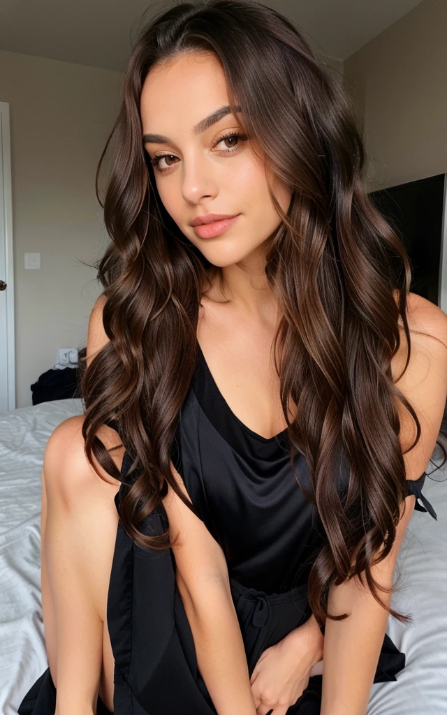 1 femme, Long Wavy Hair, dark brown eyes, top, chambre, sexy
