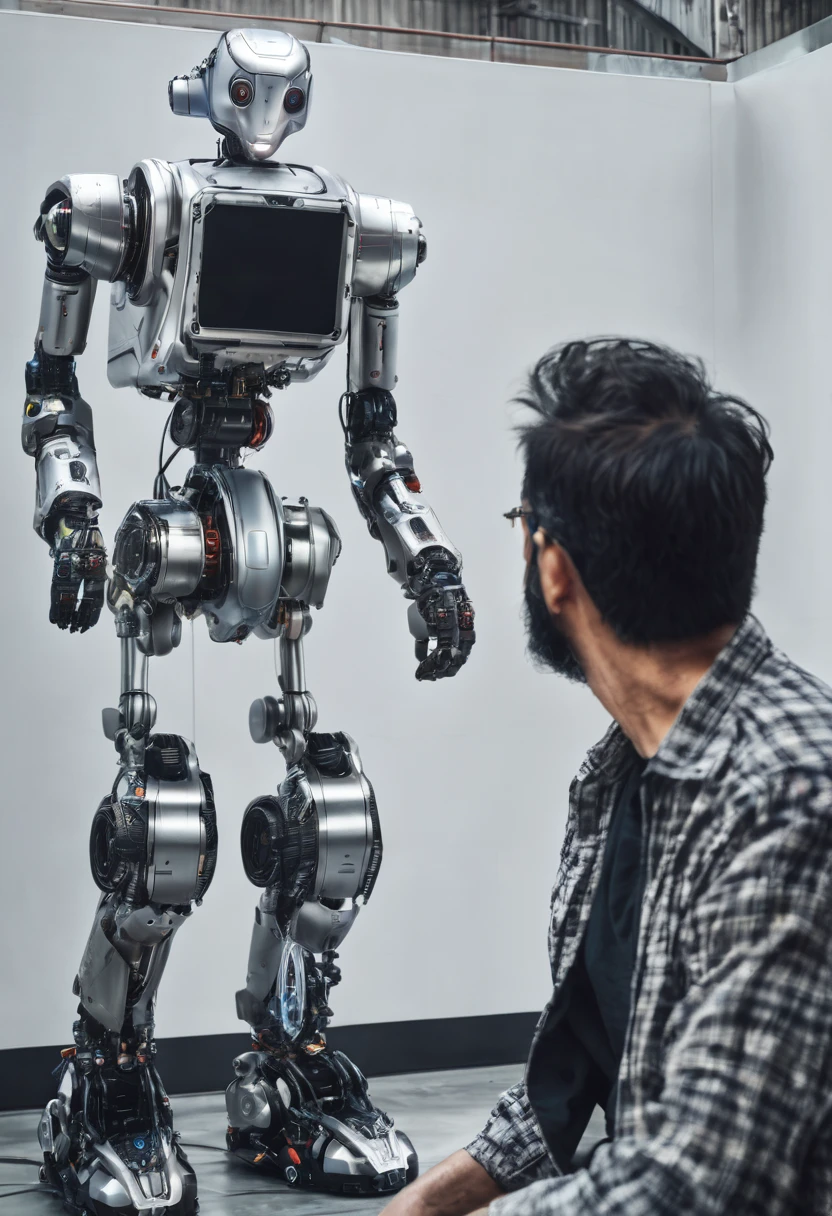 Man with robot body and white beard 