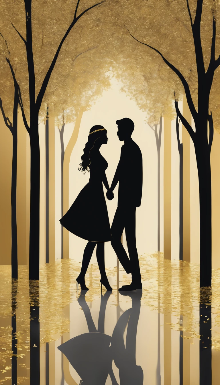 Lovers holding hands in gold and black
