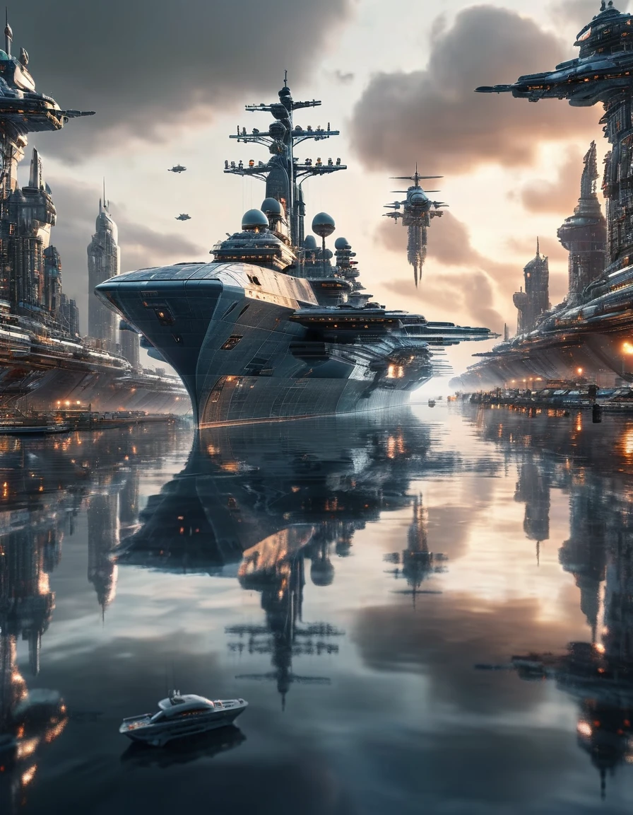 (high quality，Masterpiece，Extremely detailed，3d，8k:1.2) ，Future City，Surreal，Several warships in the air