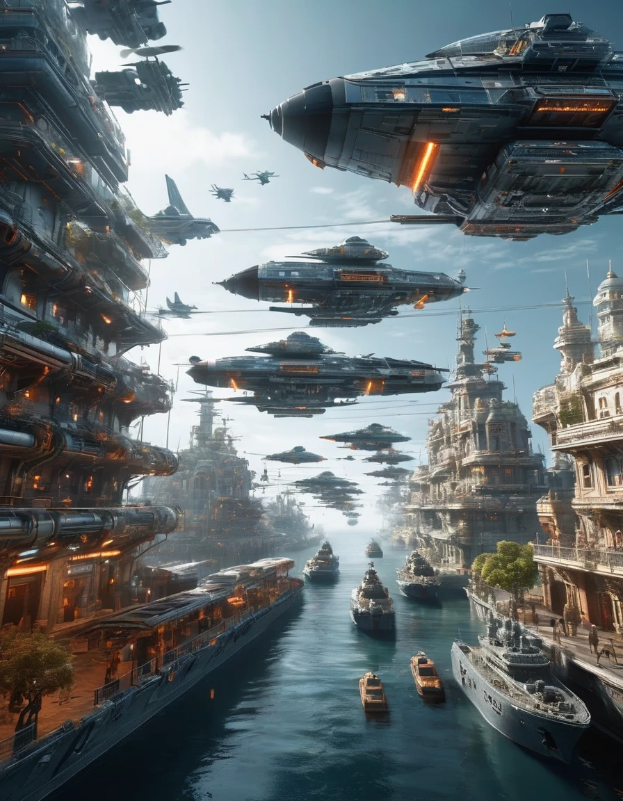 (high quality，Masterpiece，Extremely detailed，3d，8k:1.2) ，Future City，Surreal，Several warships in the air