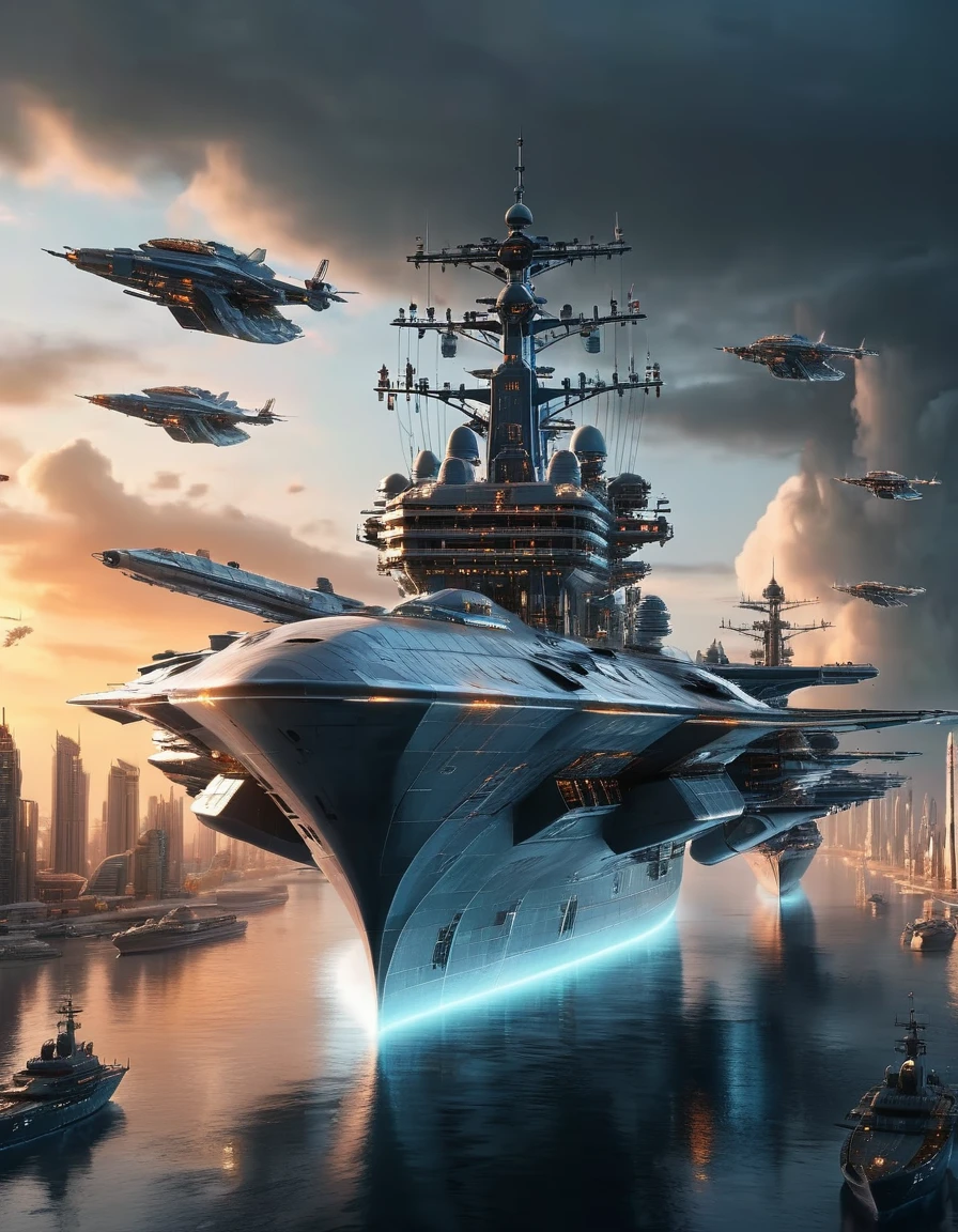 (high quality，Masterpiece，Extremely detailed，3d，8k:1.2) ，Future City，Surreal，Several warships in the air