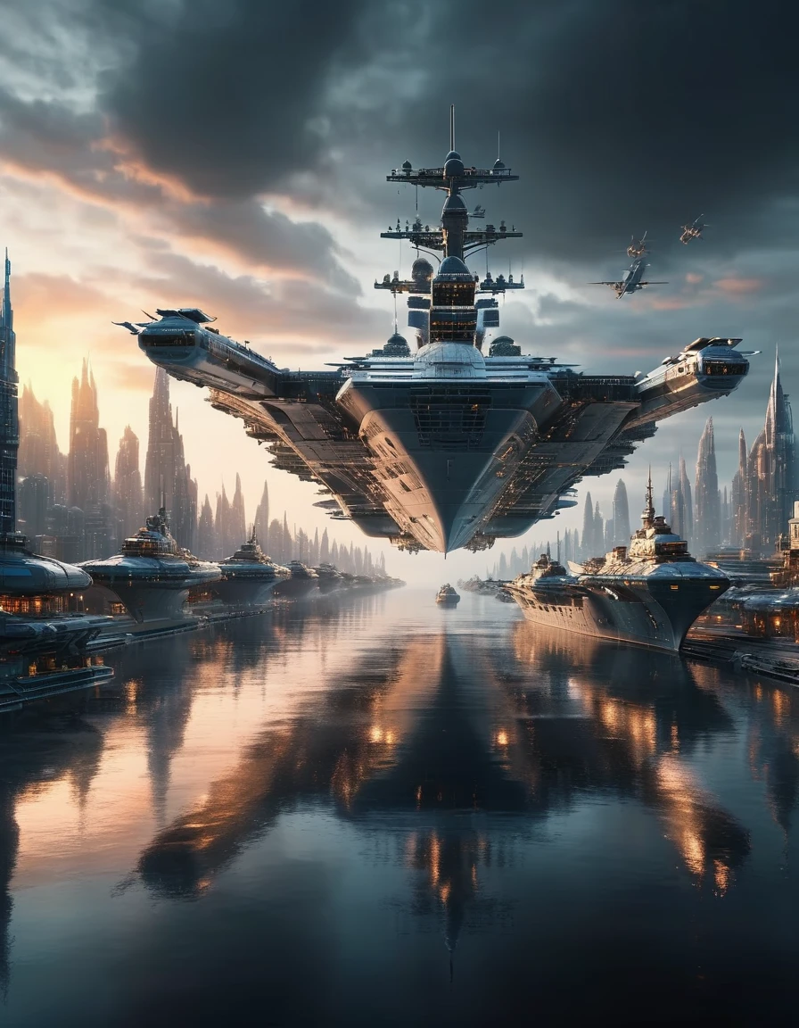 (high quality，Masterpiece，Extremely detailed，3d，8k:1.2) ，Future City，Surreal，Several warships in the air