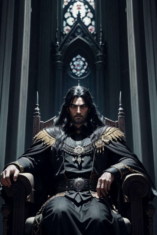 name: "Lord of Darkness"
Material: digital illustration Size: 80x120 cm Idea: Art depicts a powerful man, lord, tyrant, whose appearance combines beauty and strength. His long dark hair falls over his shoulders, adding grandeur and sinister appeal to the image. His soul-piercing gaze underscores his ability to inspire fear and respect.. On the head of the ruler rests a dark crown, inlaid with black stones, symbolizing his absolute power.

He sits in an imposing pose on a massive throne, made of dark stone and decorated with carvings, which emphasizes his status and strength. His posture is relaxed, but full of hidden power and confidence in its own undeniable power.

The lord&#39;s clothes are rich dark fabrics, Maybe, velvet and silk, decorated with fine embroidery and precious stones. The robe falls off the shoulders, creating an effect of fluidity and grandeur. 

The background is made in dark, gloomy colors, with elements of Gothic architecture: high windows, through which the dim light penetrates, massive columns and shadows, creating an atmosphere of mystery and sinister power. Light accents highlight the figure of the ruler, emphasizing his central role and increasing the sense of his tyrannical presence.

The art conveys a sense of grandeur and undeniable power, emphasizing the charisma and strength of the ruler, capable of subduing any resistance with just one glance.