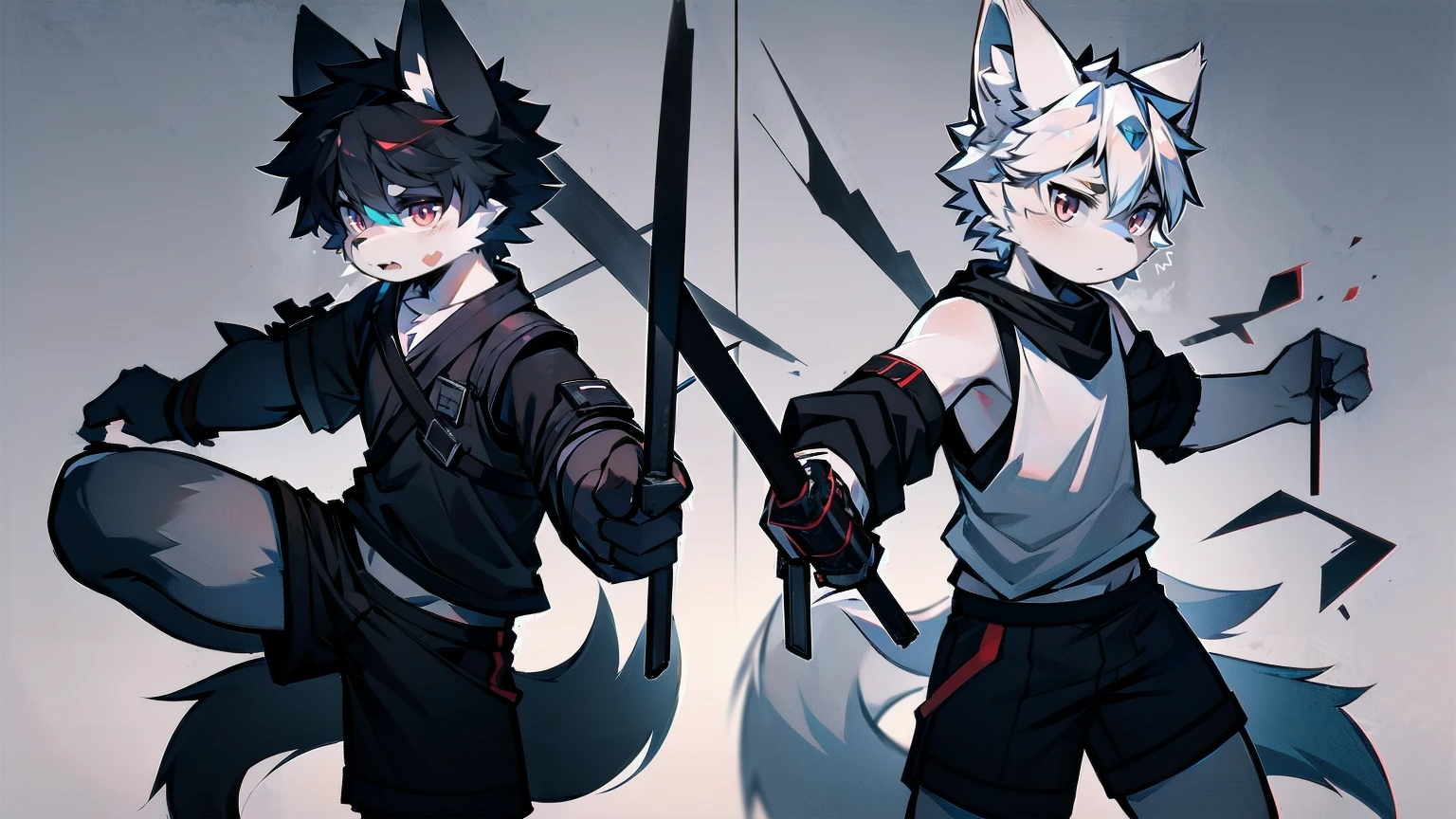 White Wolf,black hair,Red eyes,Wolf ears,Wolf Tail,juvenile,male,hairy,Hair,Half body armor,Combat uniform,Silver and black clothing,Handsome,Handsome,shorts,The forearm is exposed,leg,Fighting Stance,Duel,Two people,Anxious,Armed with a sword,Simple background,Swords