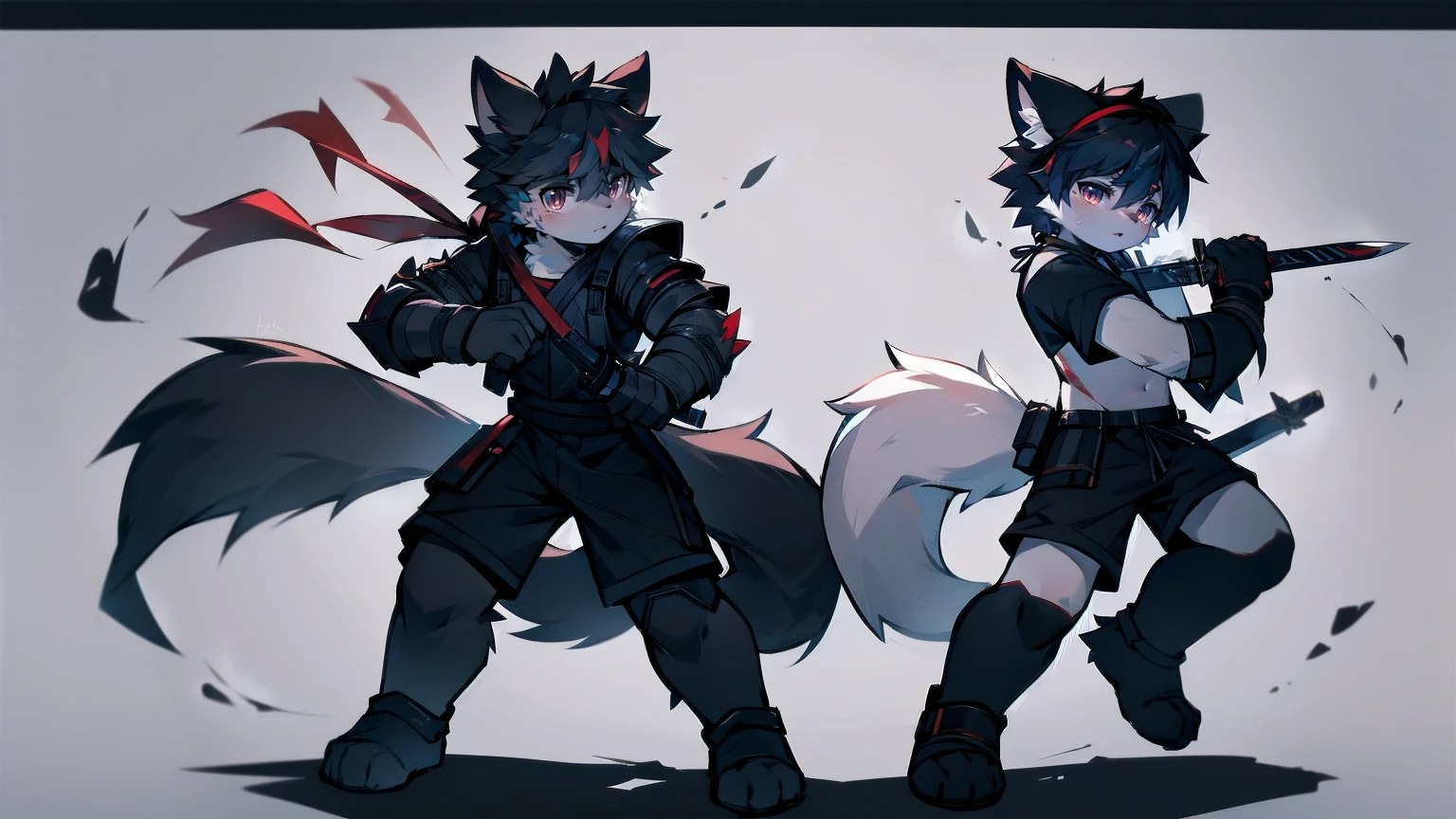 White Wolf,black hair,Red eyes,Wolf ears,Wolf Tail,juvenile,male,hairy,Hair,Half body armor,Combat uniform,Silver and black clothing,Handsome,Handsome,shorts,The forearm is exposed,leg,Fighting Stance,Duel,Two people,Anxious,Armed with a sword,Simple background,Swords