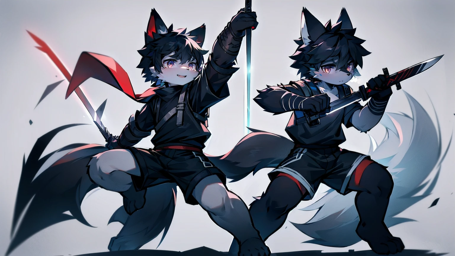 White Wolf,black hair,Red eyes,Wolf ears,Wolf Tail,juvenile,male,hairy,Hair,Half body armor,Combat uniform,Silver and black clothing,Handsome,Handsome,shorts,The forearm is exposed,leg,Fighting Stance,Duel,Two people,Anxious,Armed with a sword,Simple background,Swords