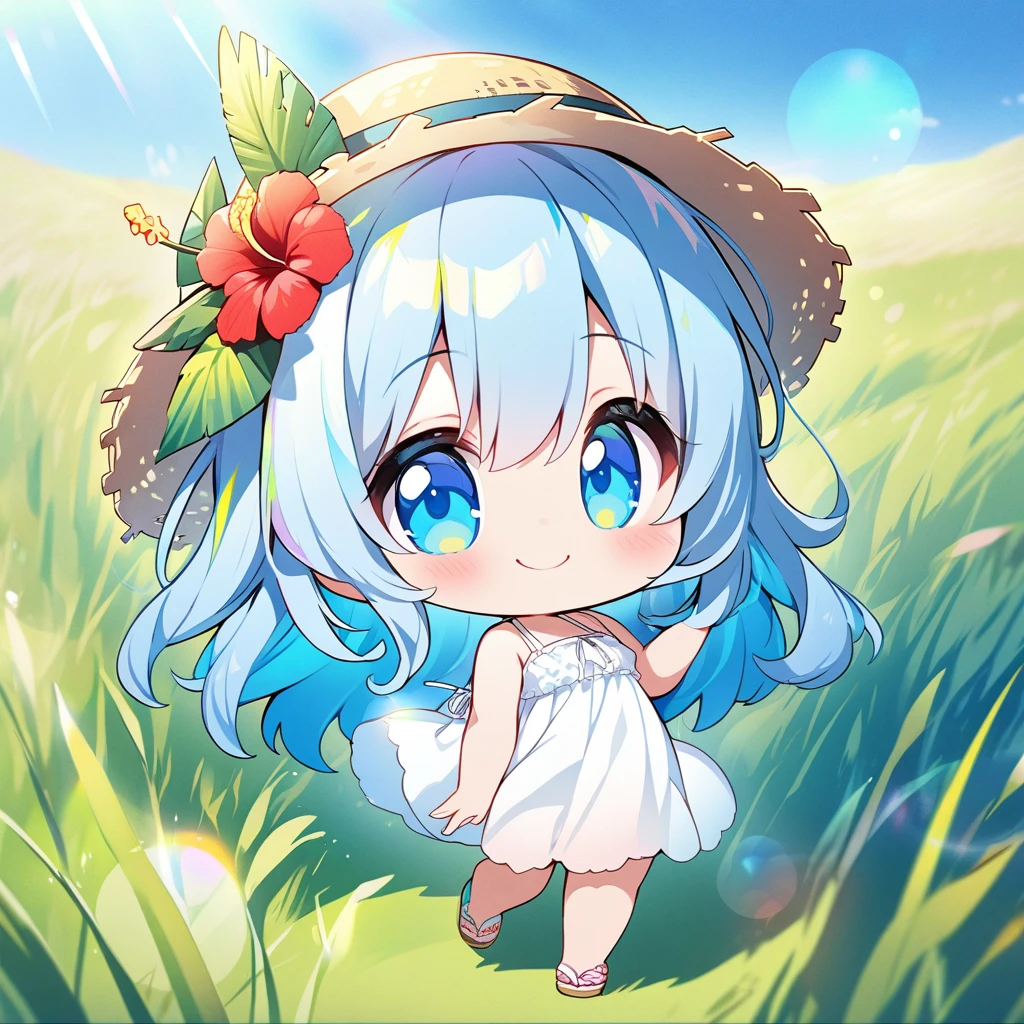 masterpiece, best quality, 4k、2D illustration, one beautiful girl, solo、(((chibi style)))、((vivid colors))、cute chibi, lovely chibi、((colorful))、((long beautiful hair)), glossy light blue hair, hair between eyes, cute, beautifully detailed eyes、((white summer dress))、((straw hat))、hibiscus hair ornament, flip-flops, ((happy smile))、((full body shot))、((summer grasslands))、((gentle breeze))、((blue sky))、sunbeam, white light, ((lens flare)), ((high color saturation)),