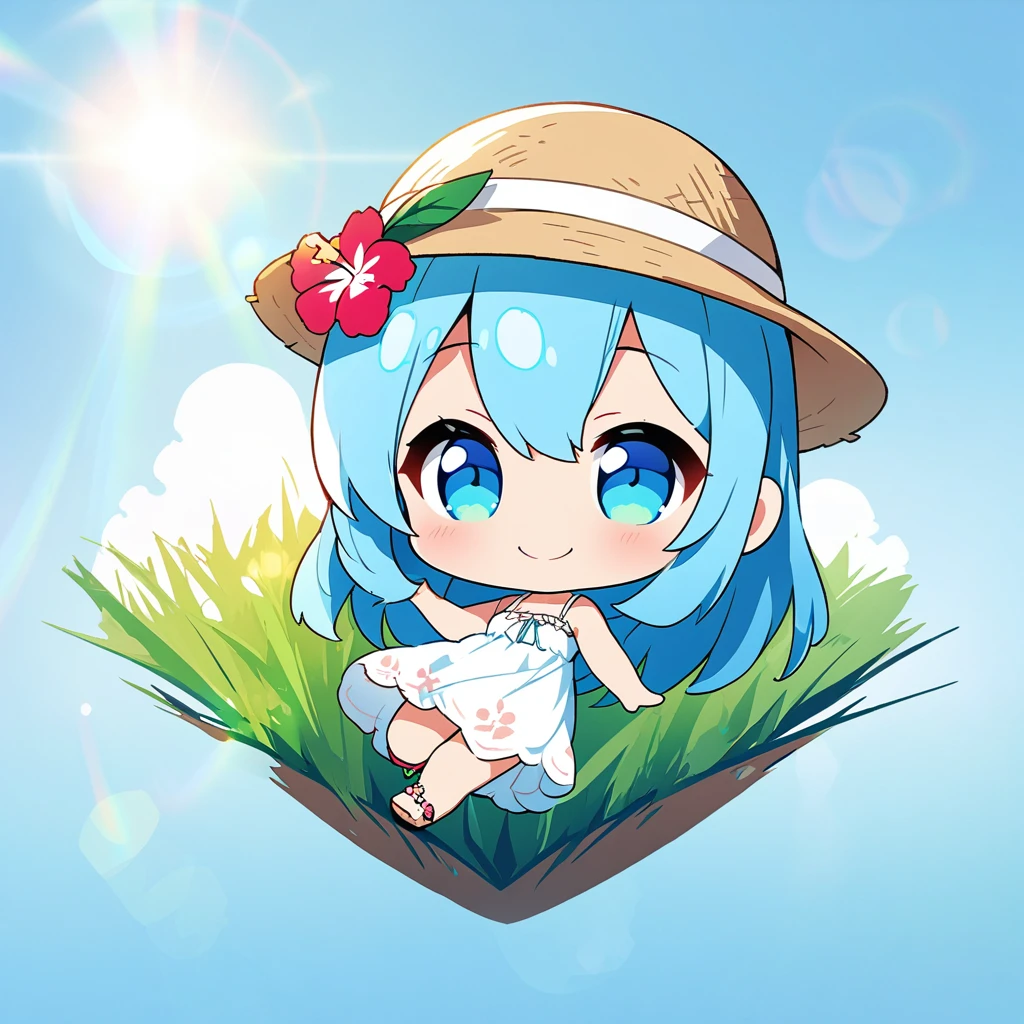 masterpiece, best quality, 4k、2D illustration, one beautiful girl, solo、(((chibi style)))、((vivid colors))、cute chibi, lovely chibi、((colorful))、((long beautiful hair)), glossy light blue hair, hair between eyes, cute, beautifully detailed eyes、((white summer dress))、((straw hat))、hibiscus hair ornament, flip-flops, ((happy smile))、((full body shot))、((summer grasslands))、((gentle breeze))、((blue sky))、sunbeam, white light, ((lens flare)), ((high color saturation)), 