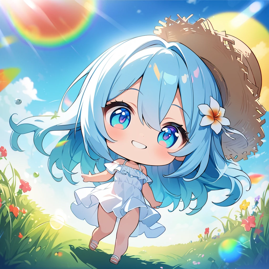 masterpiece, best quality, 4k、2D illustration, one beautiful girl, solo、(((chibi style)))、((vivid colors))、cute chibi, lovely chibi、((colorful))、((long beautiful hair)), glossy light blue hair, hair between eyes, cute, beautifully detailed eyes、((white summer dress))、((straw hat))、hibiscus hair ornament, flip-flops, ((happy smile))、((full body shot))、((summer grasslands))、((gentle breeze))、((blue sky))、sunbeam, white light, ((lens flare)), ((high color saturation)),