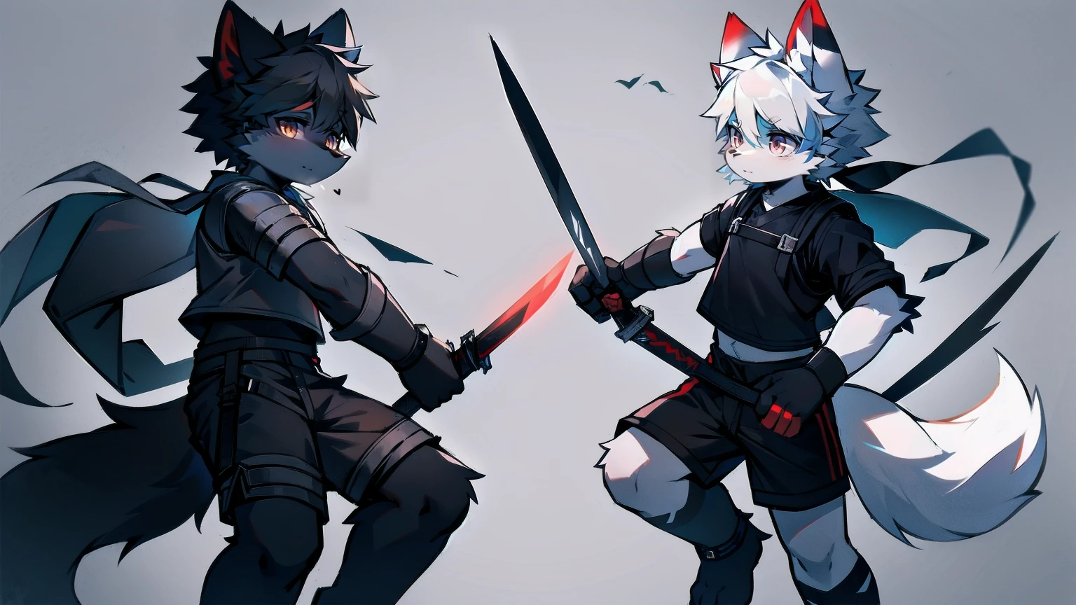 White Wolf,black hair,Red eyes,Wolf ears,Wolf Tail,juvenile,male,hairy,Hair,Half body armor,Combat uniform,Silver and black clothing,Handsome,Handsome,shorts,The forearm is exposed,leg,Fighting Stance,Duel,Two people,Anxious,Armed with a sword,Simple background,Swords
