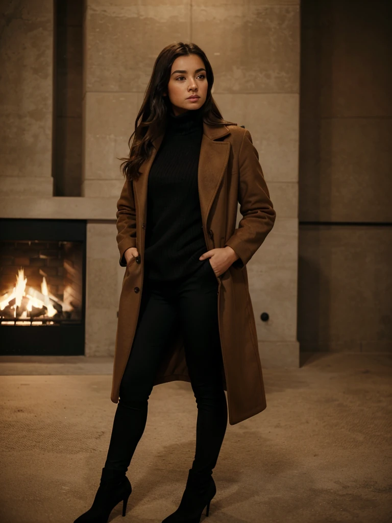 girl in profile in a brown long coat, black leggings and black heels,feet together, hands in pockets