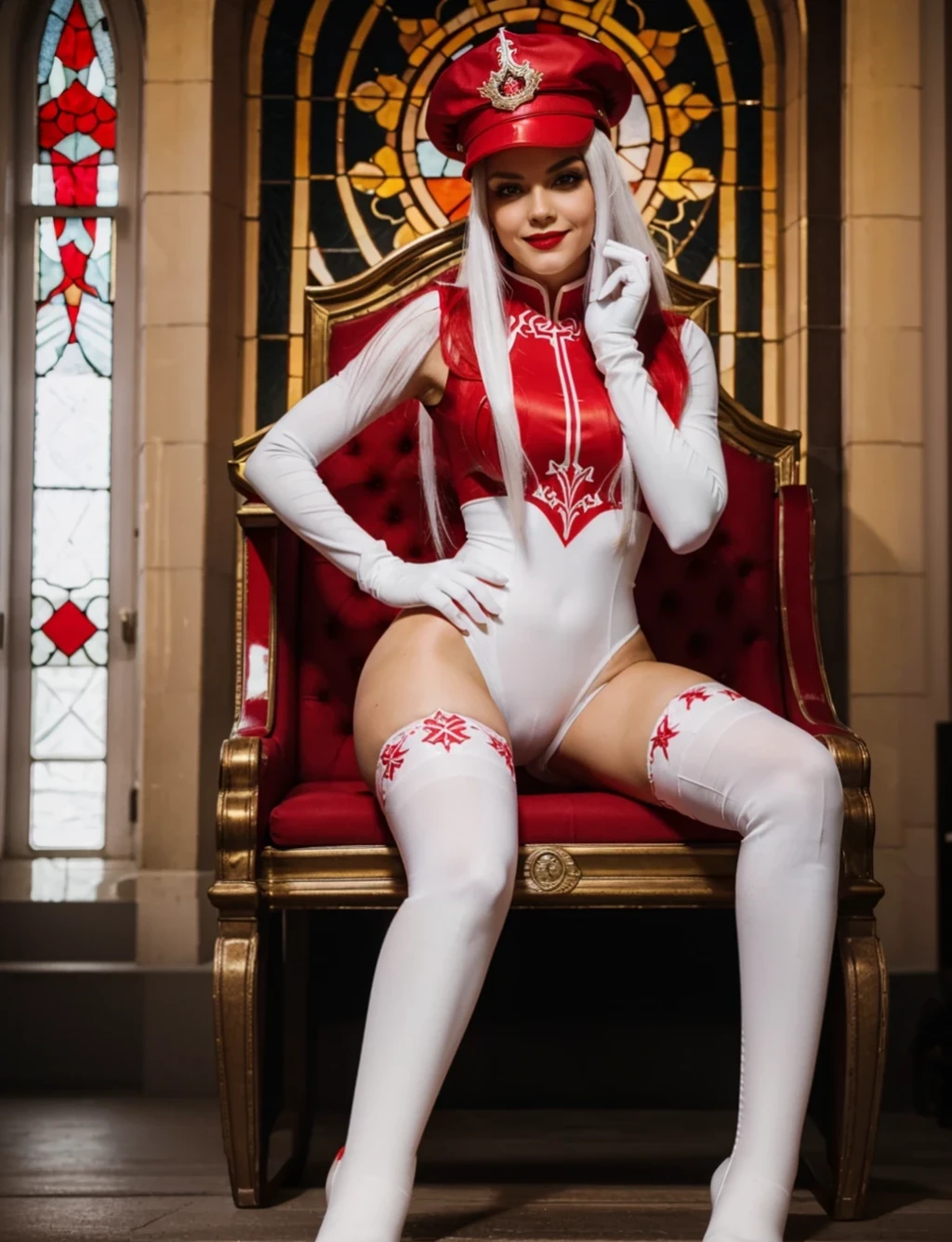 woman, red and white outfit, red hat, white gloves, red boots, has long white hair, make-up, red thighhighs, scarlet cathedral, stained glass, murals, red eyes, wide hips, sitting, reclined pose, crossed legs, tall throne, serious, smile, (centered:1.2), front view