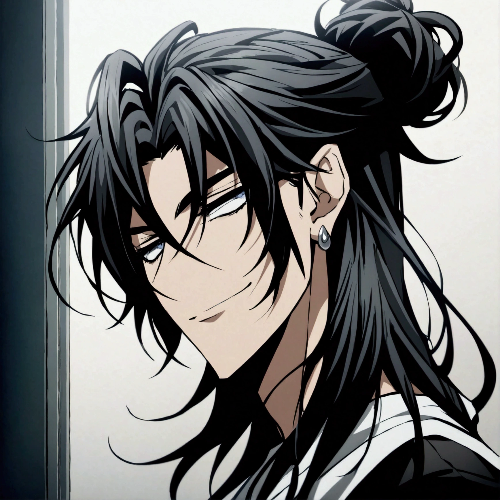 "Draw a male anime character with the following characteristics:long hair, black and smooth, tied into a high bun with a few strands loose in front and around the face.clear eyes, possibly blue or gray, with a calm and penetrating gaze.Expression with a gentle and welcoming smile.skin fair.Wearing silver earrings in both ears.Wearing a simple and possibly traditional outfit."