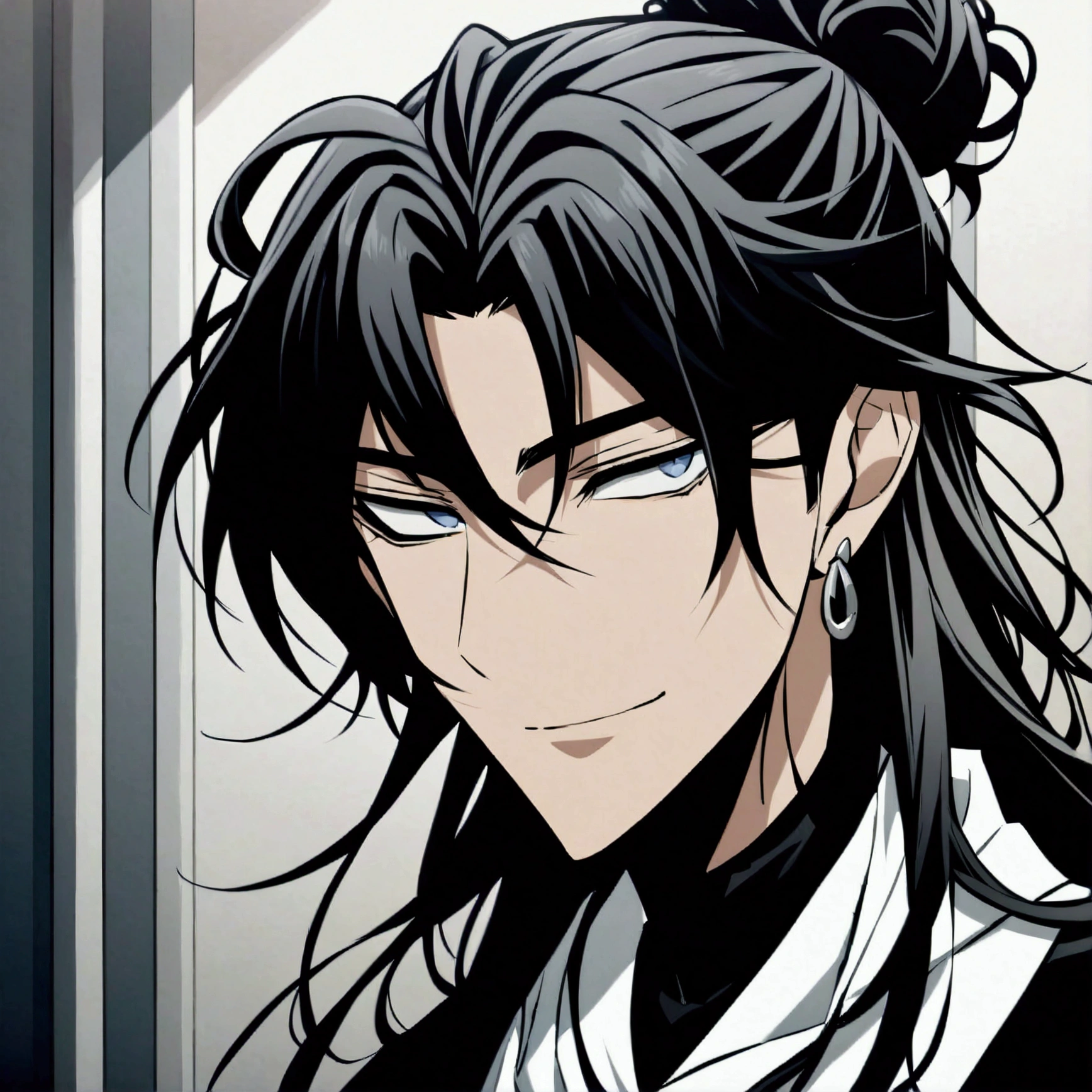 "Draw a male anime character with the following characteristics:long hair, black and smooth, tied into a high bun with a few strands loose in front and around the face.clear eyes, possibly blue or gray, with a calm and penetrating gaze.Expression with a gentle and welcoming smile.skin fair.Wearing silver earrings in both ears.Wearing a simple and possibly traditional outfit."