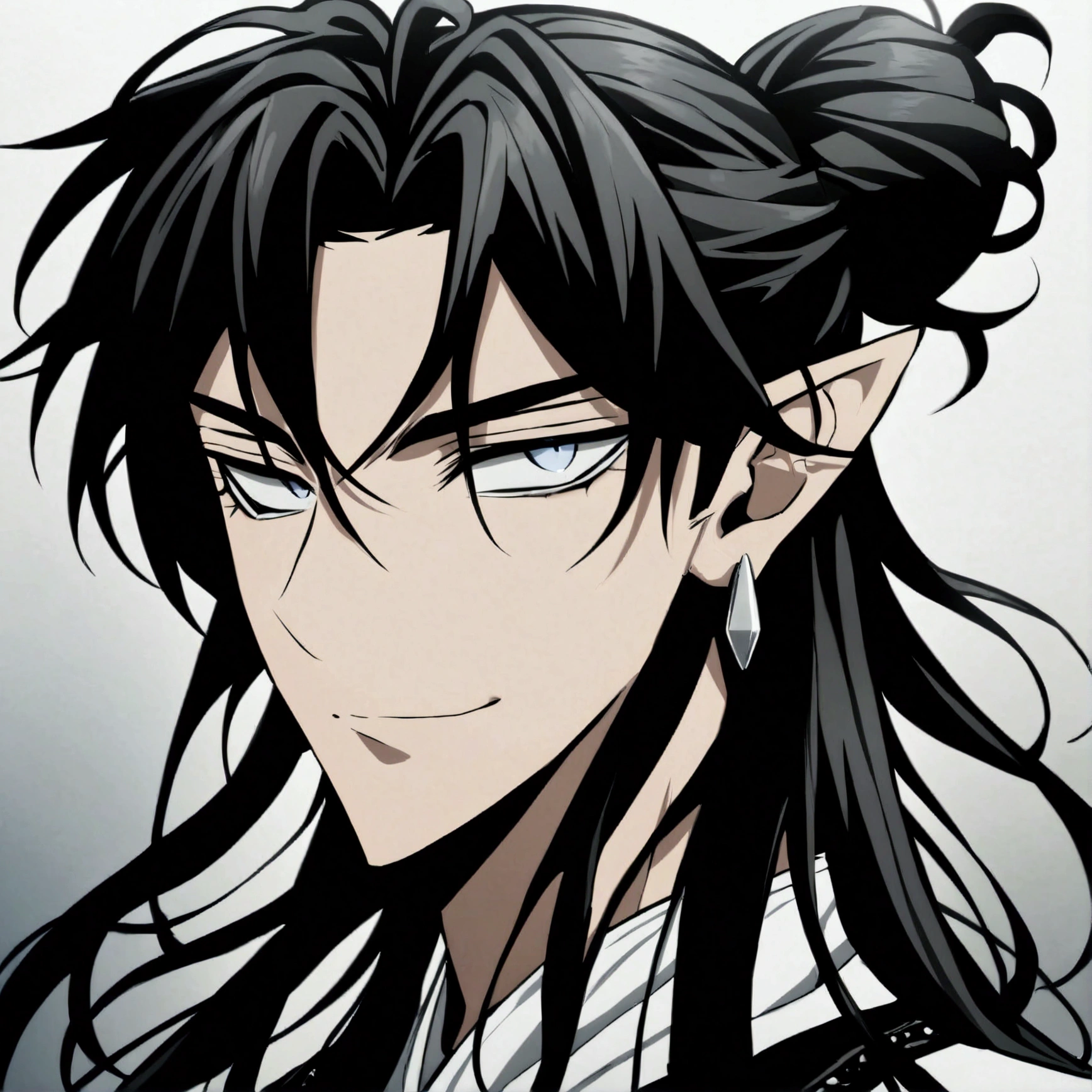 "Draw a male anime character with the following characteristics:long hair, black and smooth, tied into a high bun with a few strands loose in front and around the face.clear eyes, possibly blue or gray, with a calm and penetrating gaze.Expression with a gentle and welcoming smile.skin fair.Wearing silver earrings in both ears.Wearing a simple and possibly traditional outfit."