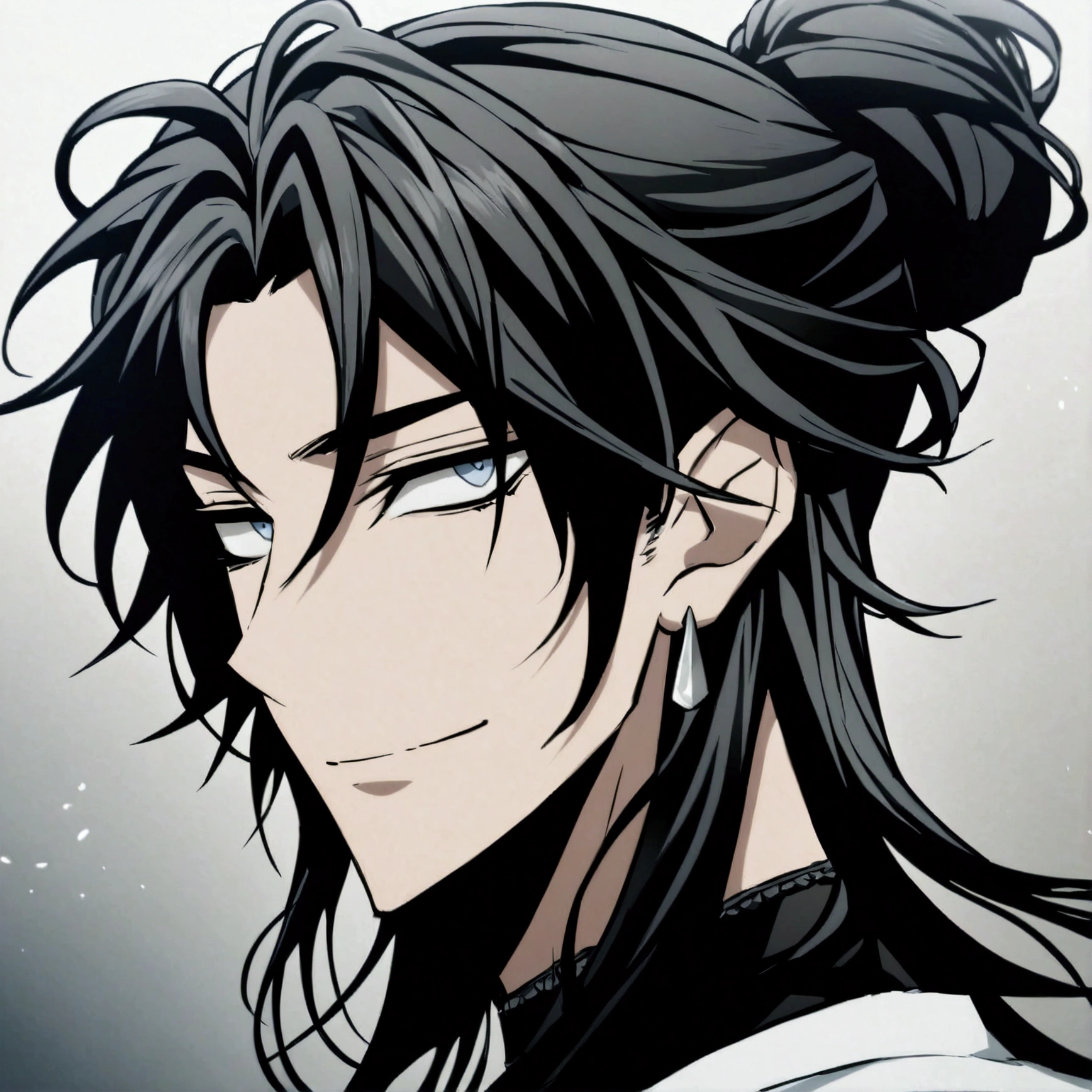 "Draw a male anime character with the following characteristics:long hair, black and smooth, tied into a high bun with a few strands loose in front and around the face.clear eyes, possibly blue or gray, with a calm and penetrating gaze.Expression with a gentle and welcoming smile.skin fair.Wearing silver earrings in both ears.Wearing a simple and possibly traditional outfit."