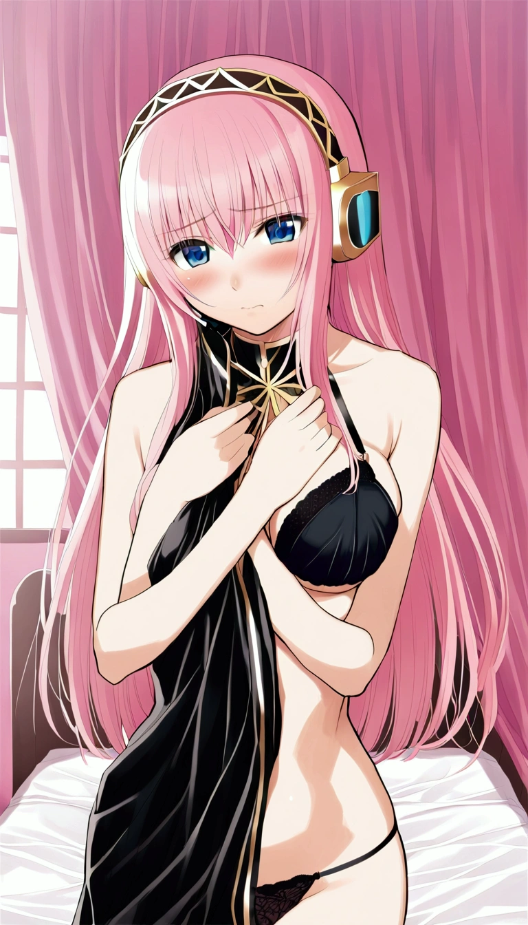 Beautiful adult woman ,Megurine Luka,Megurine Lukaの公式衣装,headphone,Black costume with gold decoration,Pink long hair,blue eyes,Embarrassed expression,blush,She strips off to reveal her black bra,Bedroom