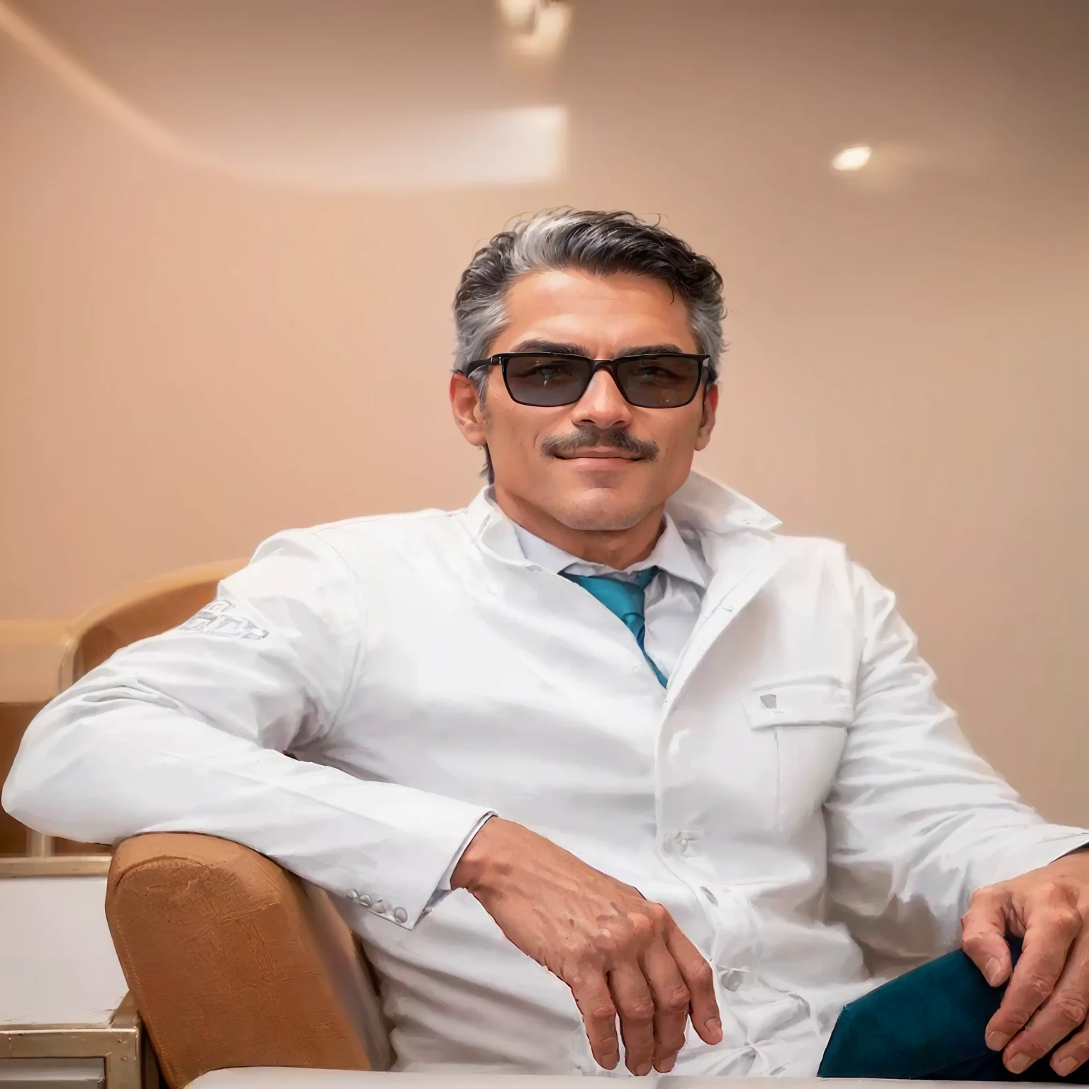 chiseled man in white coat and sunglasses, seated in a chair, ricardo milos, rise of henry, danilo torres, by Hugo Sánchez Bonilla, Herald Ortega, david rios ferreira, to be returned, dentist, by Gabriel Ba, luiz escanuela, Ignacio Fernández Rios, Ignacio Fernández Rios, (Foto RAW, real, best qualityer, Masterpiece artwork: 1.2), (Hiper realisitic, realisitic: 1.2), high qualiy, (dark ilumination: 1.2), perfect lighting, Lightroom, 35mm films, cinemactic, dimmed colors, dark shot, Muted colours, grainy film, lute, insane details, Intricate details, smirk on face, brighter environment