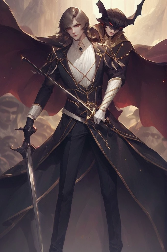 ((Лучшее качество)), ((шедевр)), (подробный), Draw a demon they are with two swords
