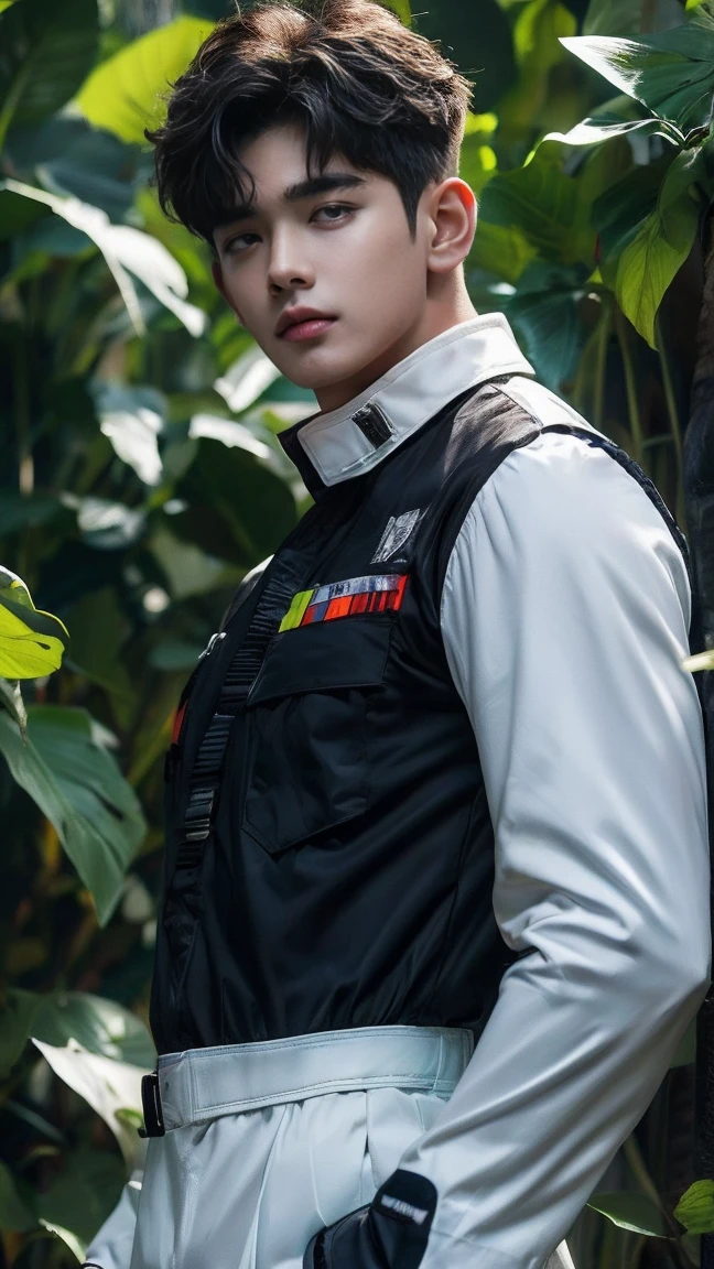 (Top Quality, Ultra High Definition, Photorealistic: 1.4), (cowboy shot:1), 1 boy, (Kpop Idol), Detailed Face, (Hair Style: black:1, uppercut:1), Contrapposto, Perfect Anatomy, Smooth Skin, Professional Lighting, (wear color white black silver),((wearing Futuristic military uniform, military style, High-tech Headset, military suit, racing gloves)), (Cloths colors based on dark green yellow black), (jungle background),