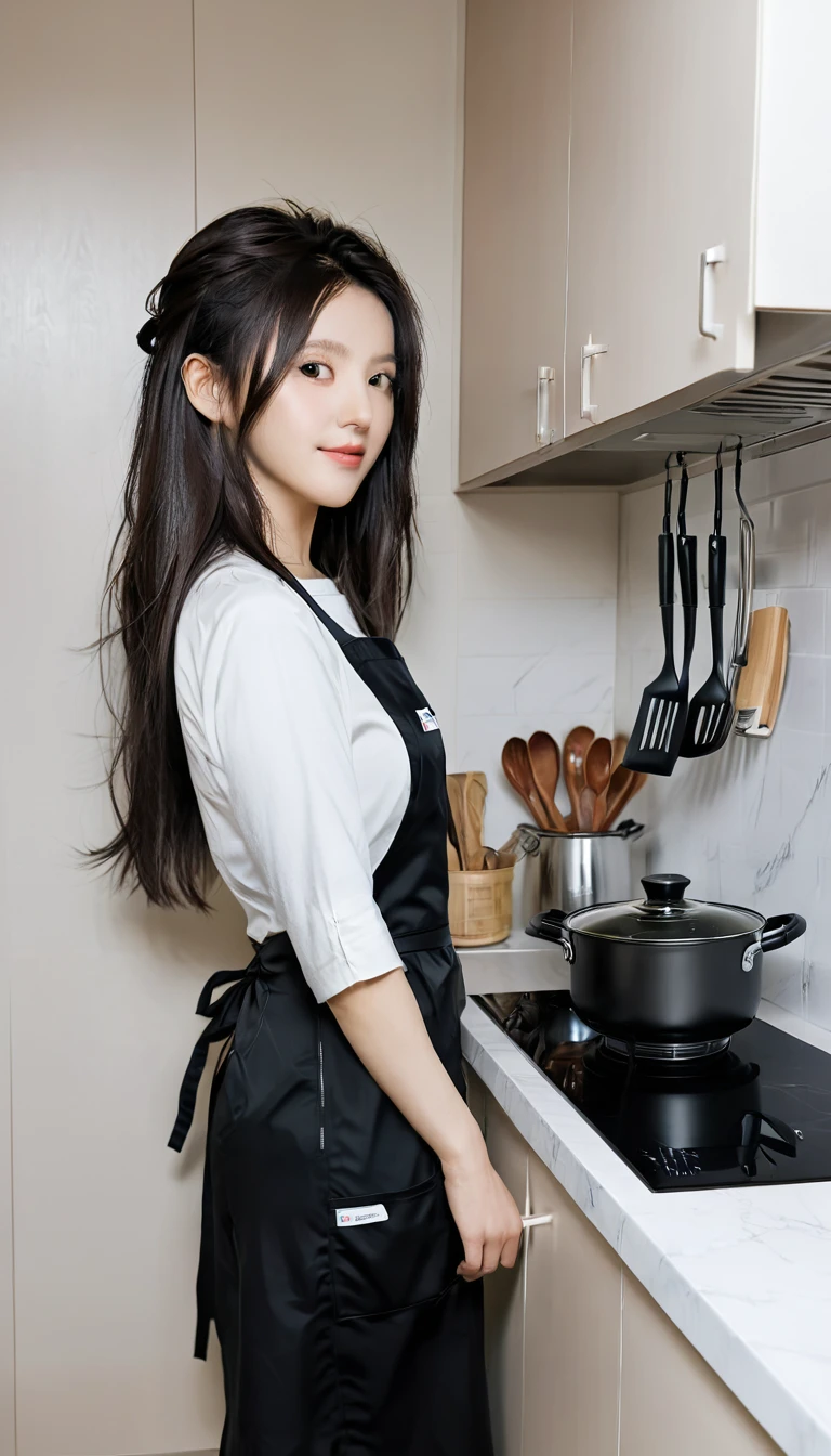 有纹身of女人, (([红色of|黑色of] hair)), long hair, wearing a 黑色of apron,  cooking, View Viewer, kitchen, 背景中of蛋糕和馅饼,  indoors, (舒缓of色调:1.0), (HDR:1.25), (Art Station:1.2), dramatic, (复杂of细节:1.14), (Surrealistic 3D rendering:1.16), (of:0.55), (Rutkowski:1.1), (fade:1.3)