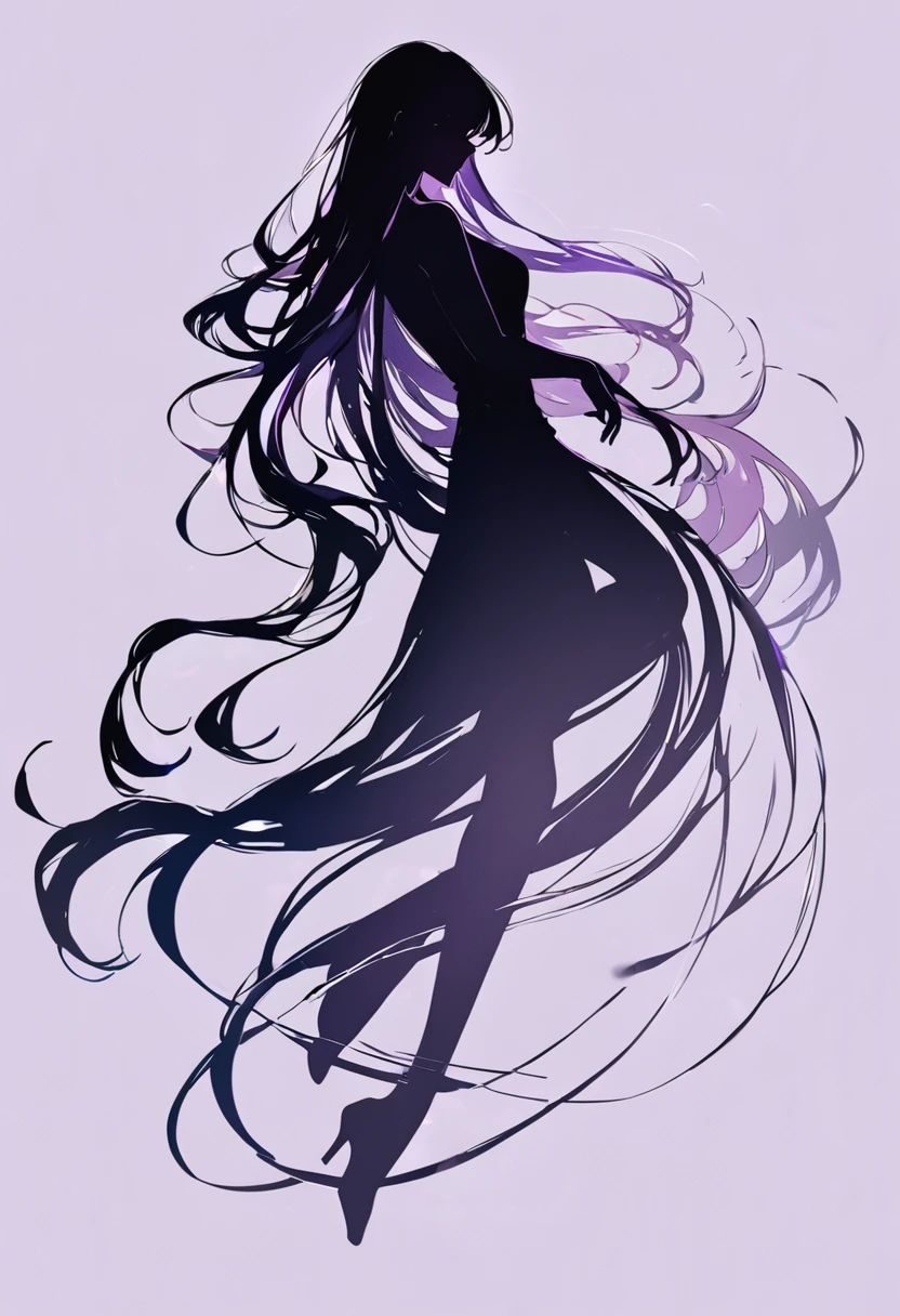 Silhouette drawing of a beautiful woman with flowing hair on a light lilac background