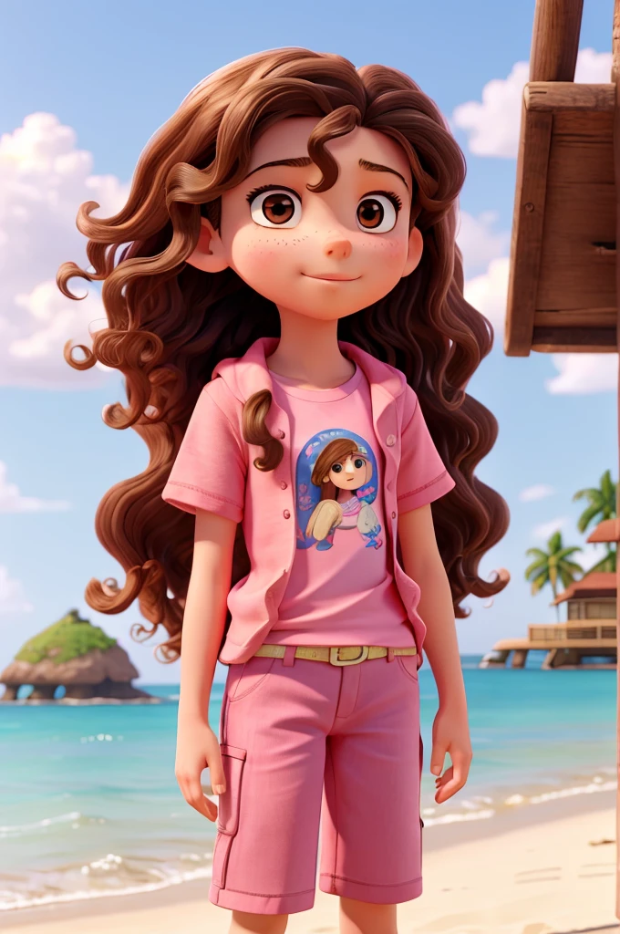 work of art, best qualityer, A -yeld , the American, long hair with beautiful curls and brown eyes, wearing pink t-shirt and shorts, standing on the beach